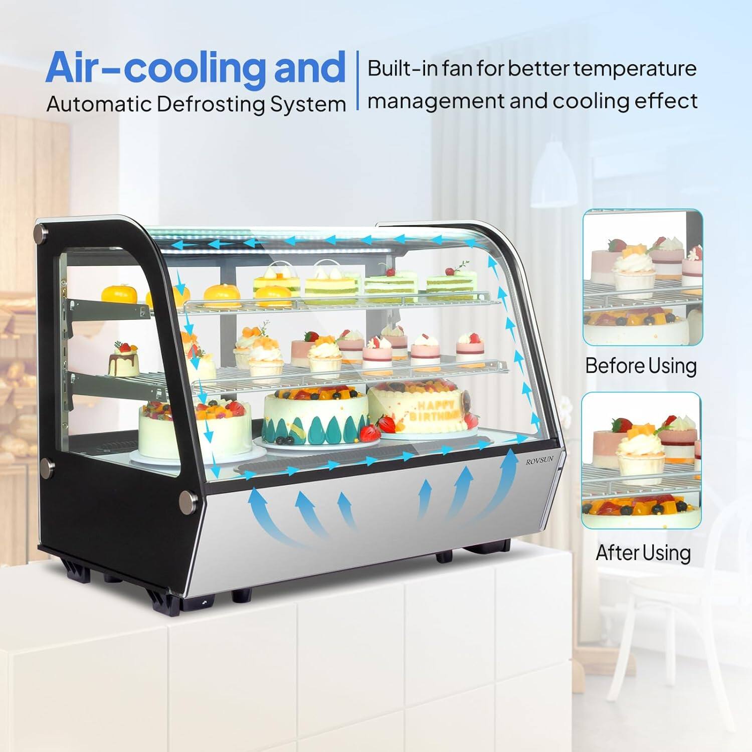 Air-cooling and Automatic Defrosting System  
Built-in fan for better temperature management and cooling effect  

Before Using  
After Using