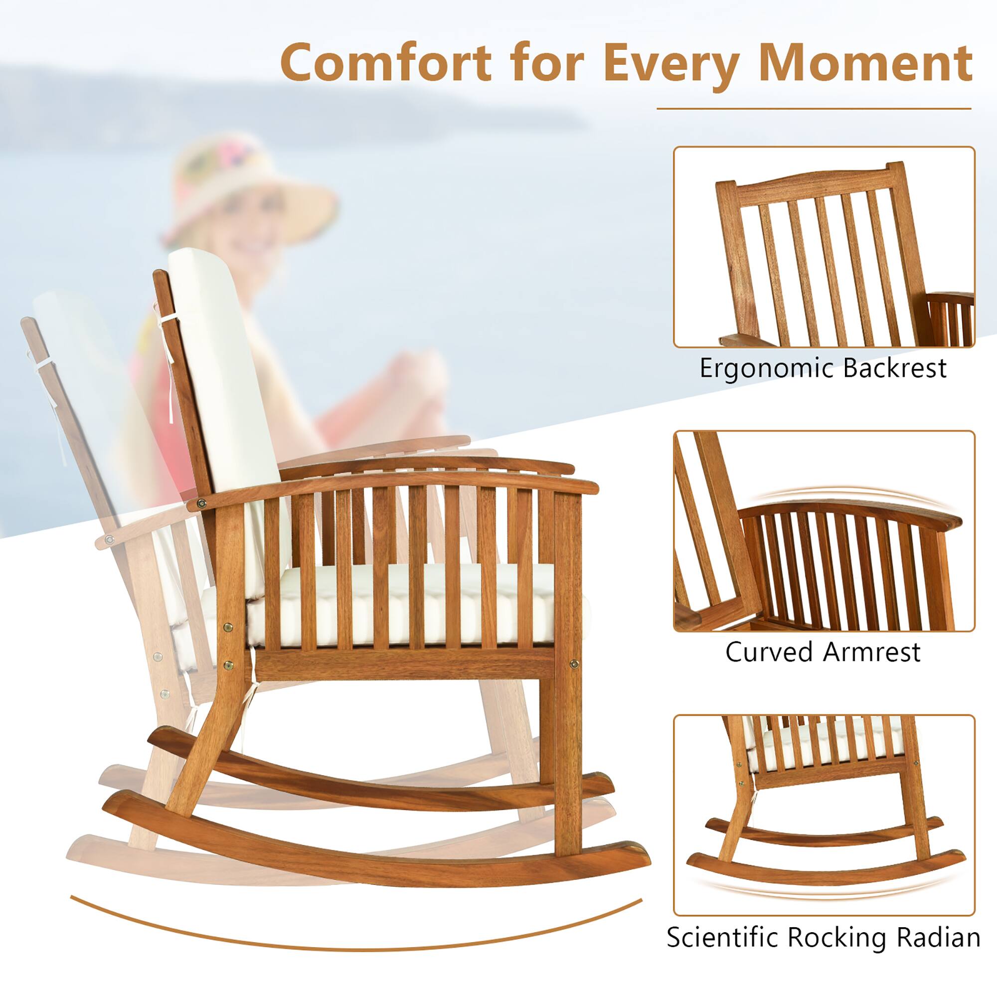 Comfort for Every Moment

- Ergonomic Backrest
- Curved Armrest
- Scientific Rocking Radian
