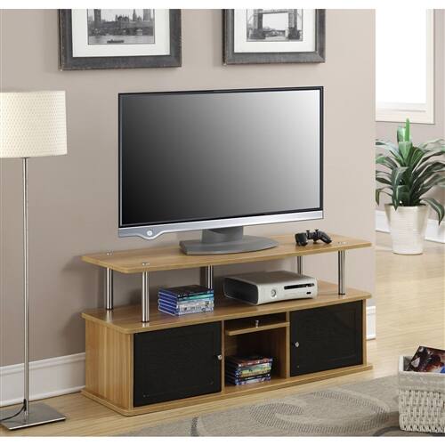 Angle. SlickBlue - Sleek 50-Inch TV Stand in Wood Finish for Home Entertainment - Light Oak, Black.