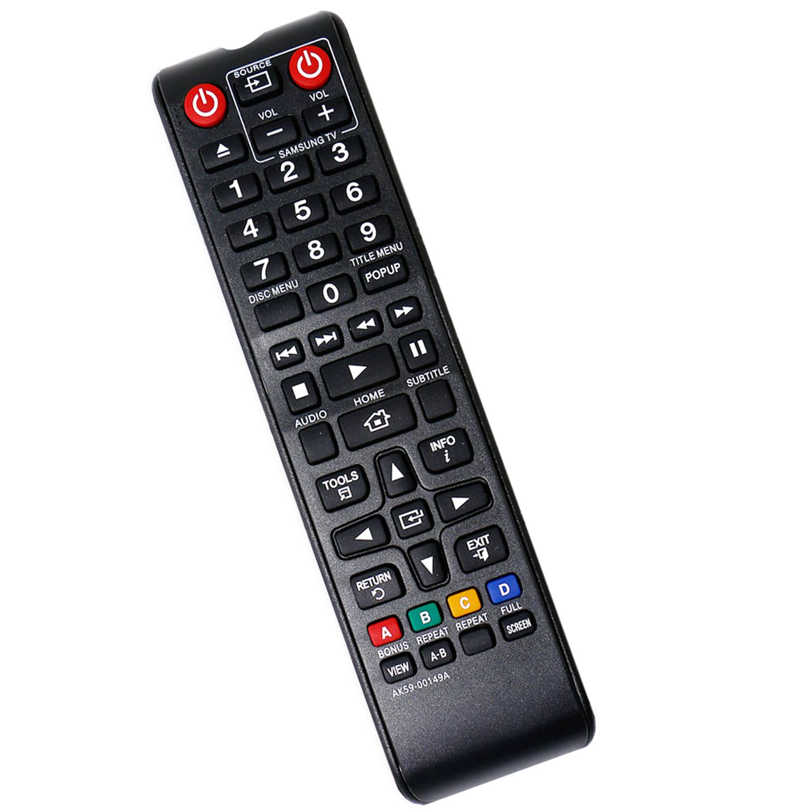 SOURCE VOL VOL + - TV  
SAMSUNG  
3 2 1 6 5 4 9 8 MENU TITLE 7 POPUP MENU O DISC D SUBTITLE HOME AUDIO INFO i TOOLS EXIT Q- RETURN D C FULL REPEAT A SCREEN REPEAT BONUS A-B VIEW AK59-00149A