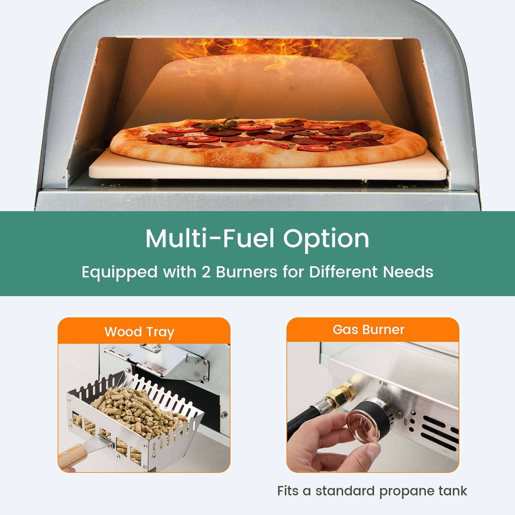 Multi-Fuel Option: Equipped with 2 Burners for Different Needs - Wood Tray: Fits a standard propane tank - Gas Burner: Fits a standard propane tank
