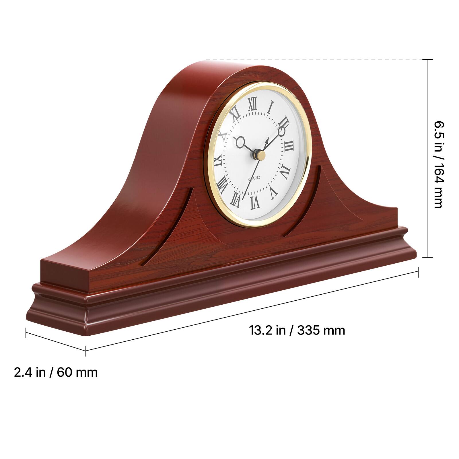 The corrected text is:

XII I XI X: B Q III IX GARTZ Z VII VI

6.5 in / 164 mm
13.2 in / 335 mm
2.4 in / 60 mm