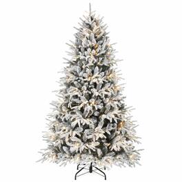 RYHNUYNE - Pre-Lit Flocked Artificial Christmas Tree With Snow-Dusted Realistic Tips and Easy Setup - White+Green