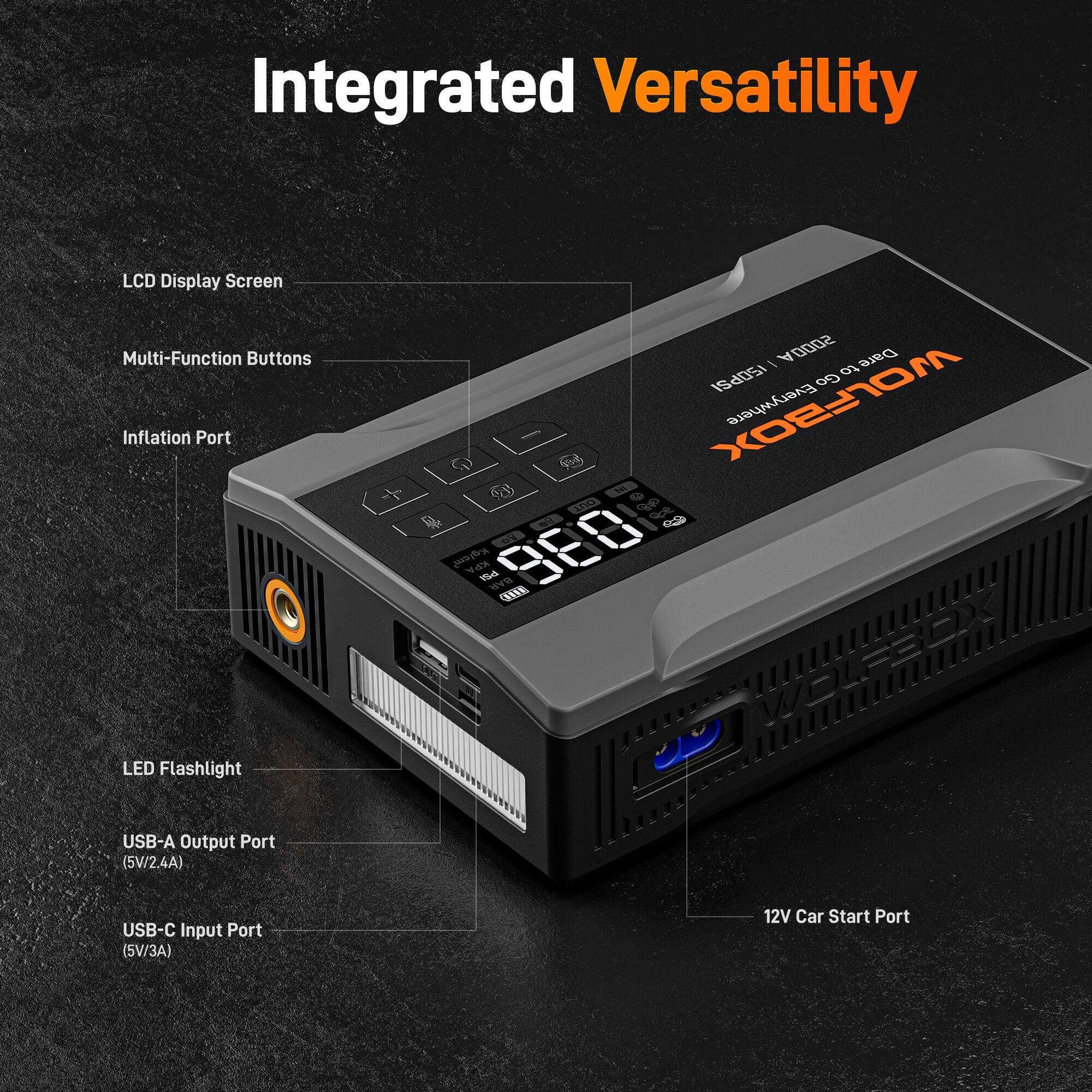 Integrated Versatility

- LCD Display Screen
- Multi-Function Buttons
- Inflation Port
- LED Flashlight
- USB-A Output Port (5V/24A)
- USB-C Input Port (5V/3A)
- 12V Car Start Port