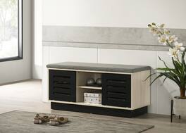 TinyHomie - Brett 38.5in W Finish Shoe Cabinet with Sliding Doors Upholstered Top - Oak