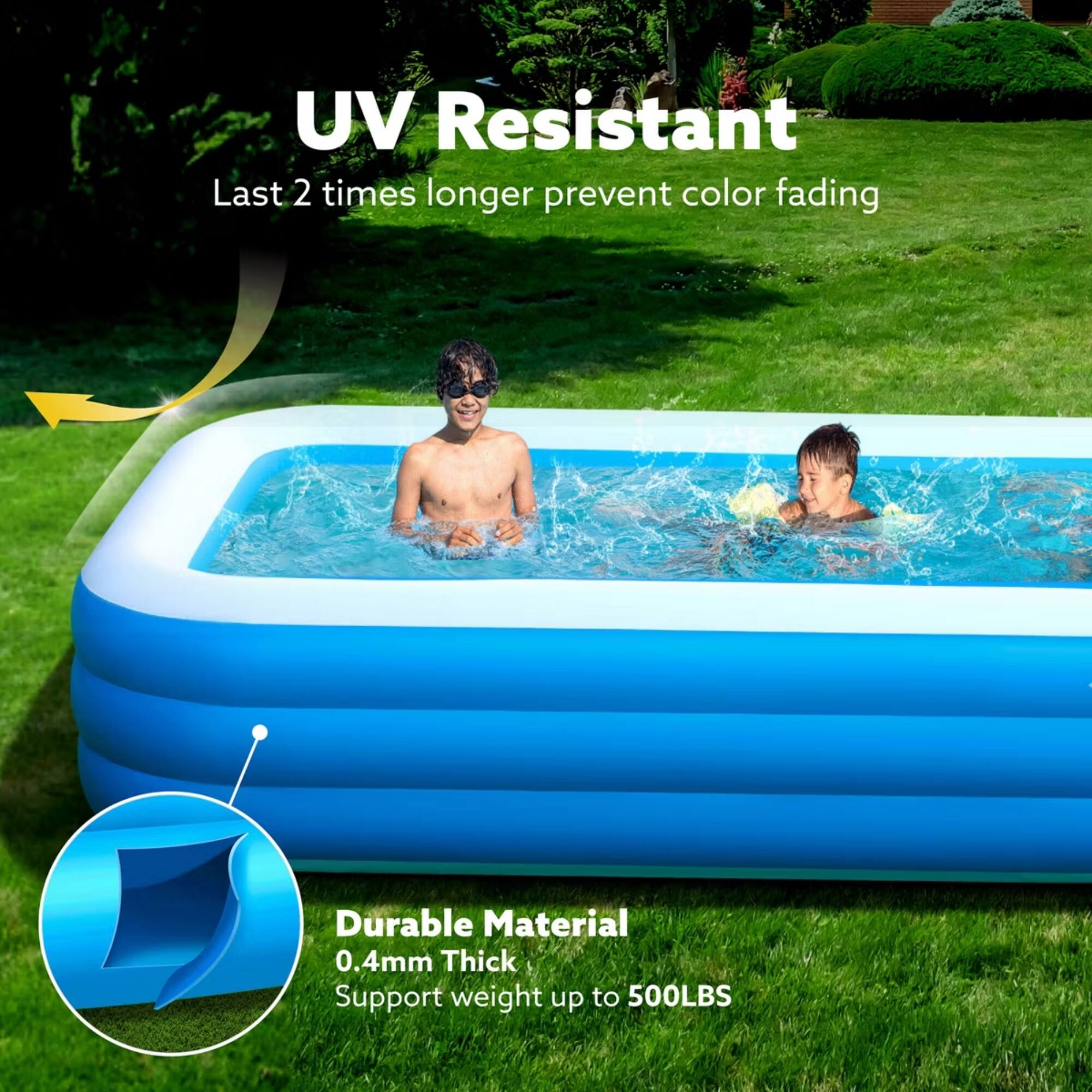 UV Resistant  
Last 2 times longer prevent color fading  

Durable Material  
0.4mm Thick  
Support weight up to 500LBS