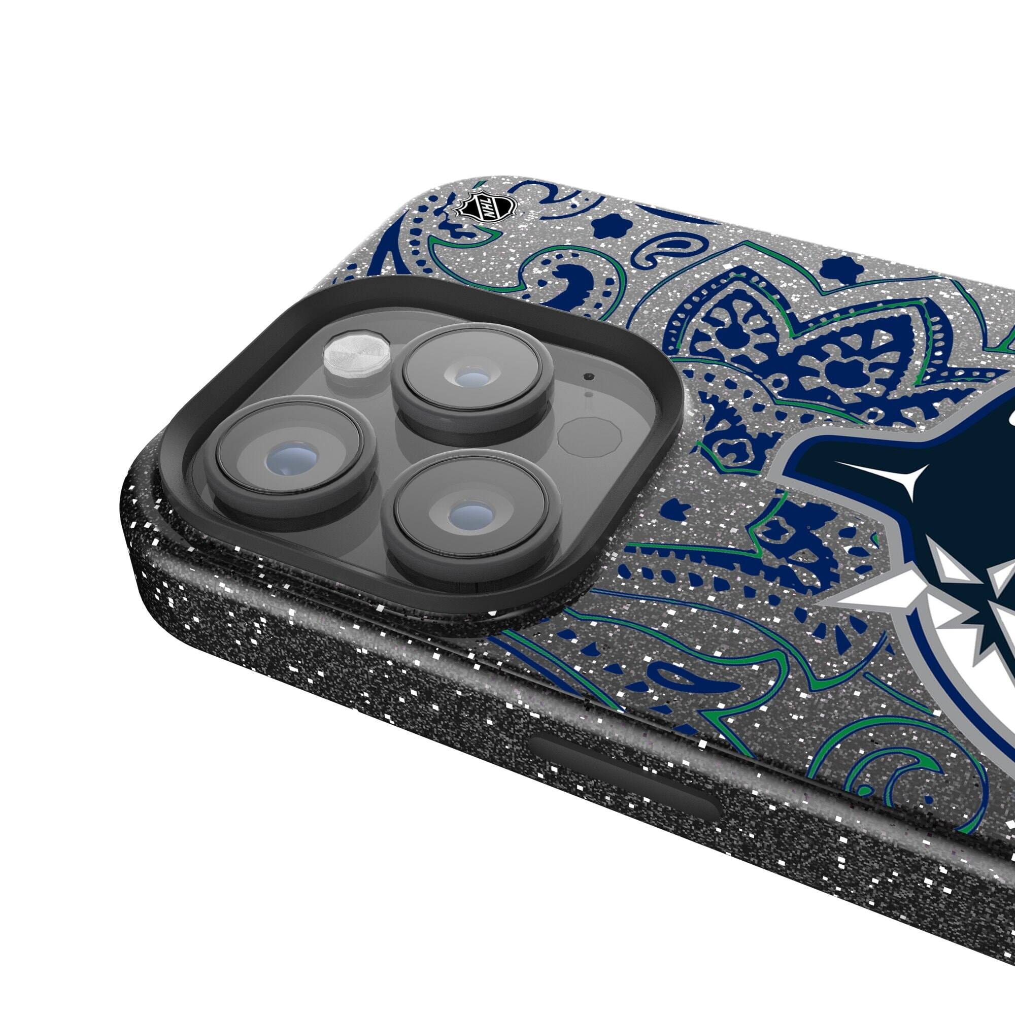 Alt View 3. Keyscaper - Black Vancouver Canucks Paisley Bling iPhone Case - 15 Plus - Black.