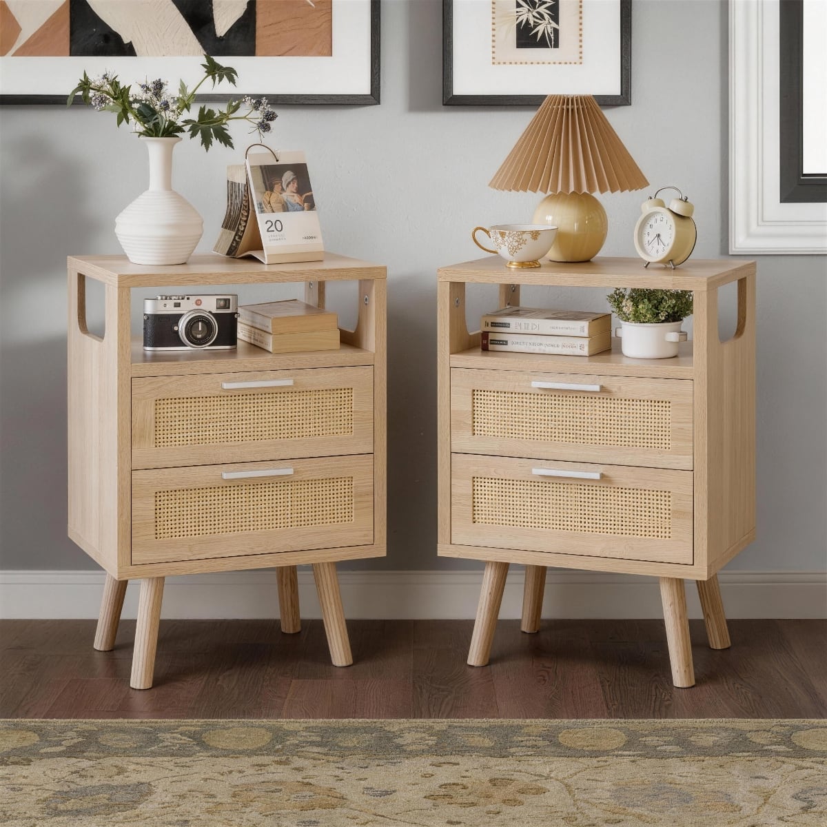 Loheer - Set of 2 Nightstands With Drawers, Bedside Tables With Rattan Detail, Bedroom Storage - Natural Wood
