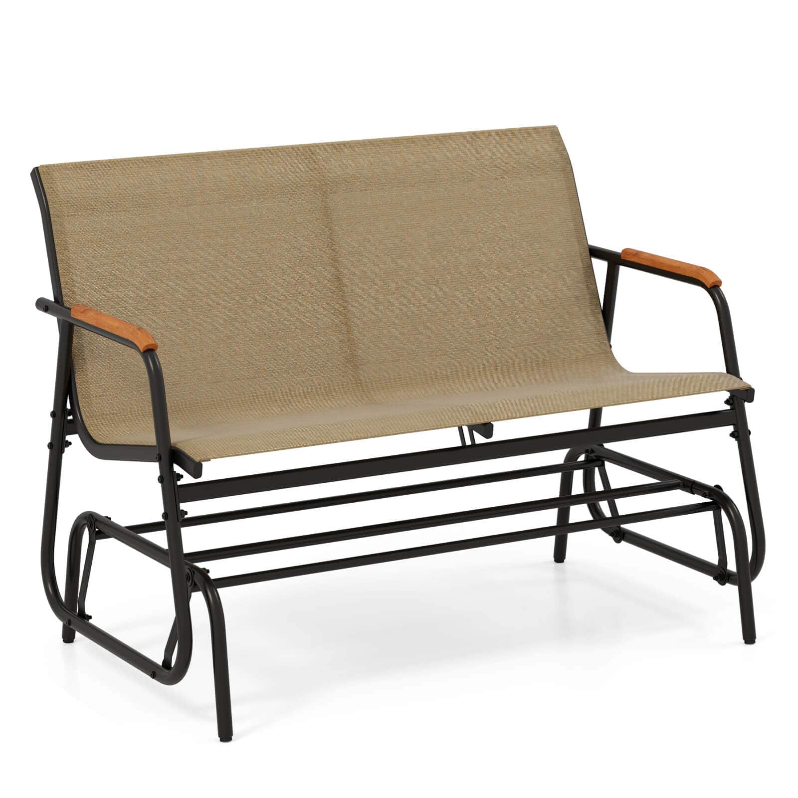 Costway - Patio Glider Bench for 2 Swing Gliding Loveseat with Curved Teak Armrests for Porch - Black + Brown price history on PriceWatchPro