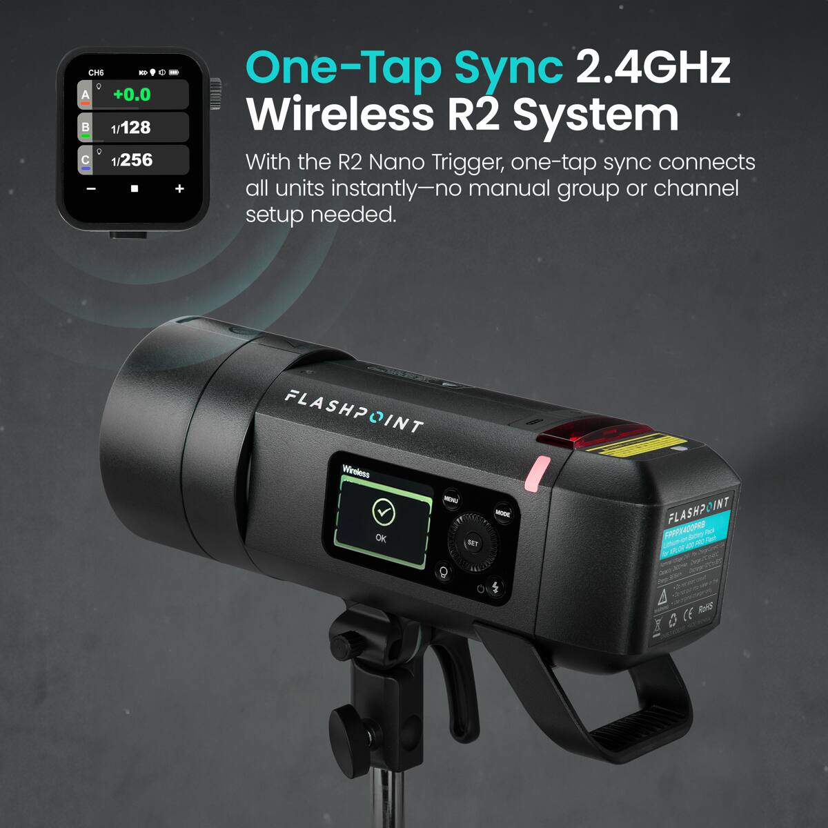 One-Tap Sync 2.4GHz Wireless R2 System

With the R2 Nano Trigger, one-tap sync connects all units instantly—no manual group or channel setup needed.