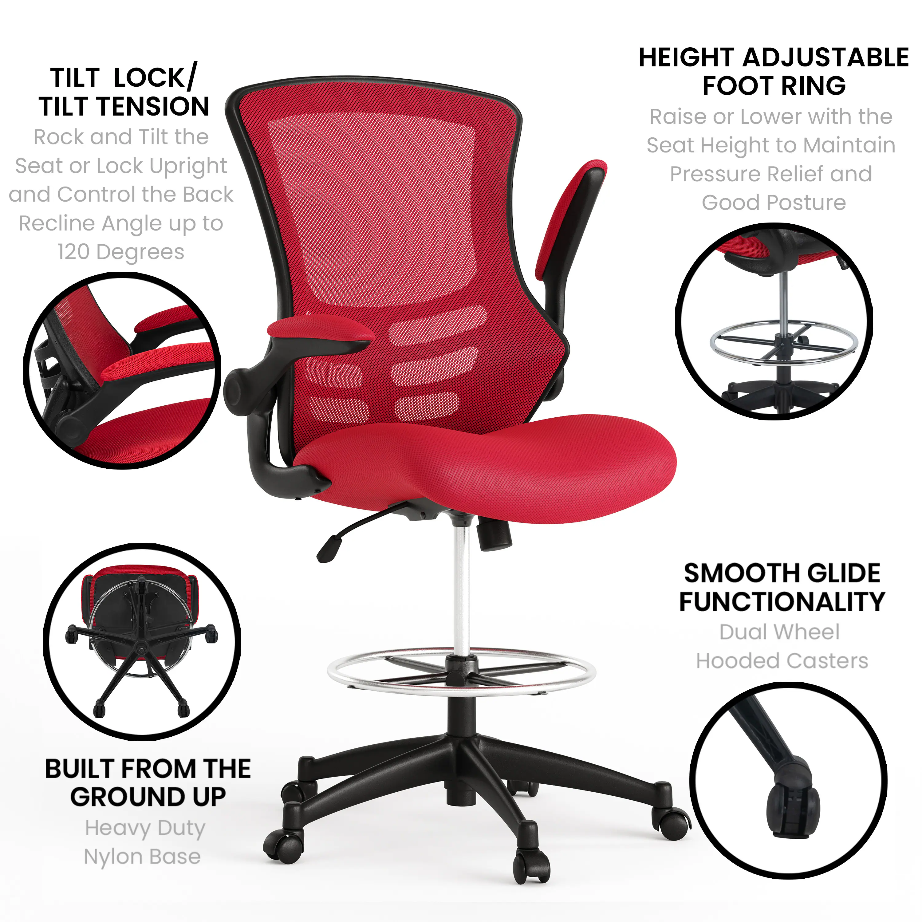 - **TILT LOCK/ TILT TENSION**  
  Rock and Tilt the Seat or Lock Upright and Control the Back Recline Angle up to 120 Degrees

- **HEIGHT ADJUSTABLE FOOT RING**  
  Raise or Lower with the Seat Height to Maintain Pressure Relief and Good Posture

- **SMOOTH GLIDE FUNCTIONALITY**  
  Dual Wheel Hooded Casters

- **BUILT FROM THE GROUND UP**  
  Heavy Duty Nylon Base