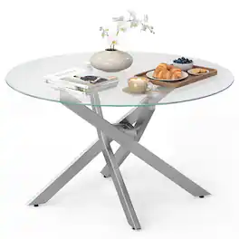 Costway - 31.5" Glass Coffee Table with Tempered Glass Top & Geometric Sliver Metal Frame - Transparent & Sliver