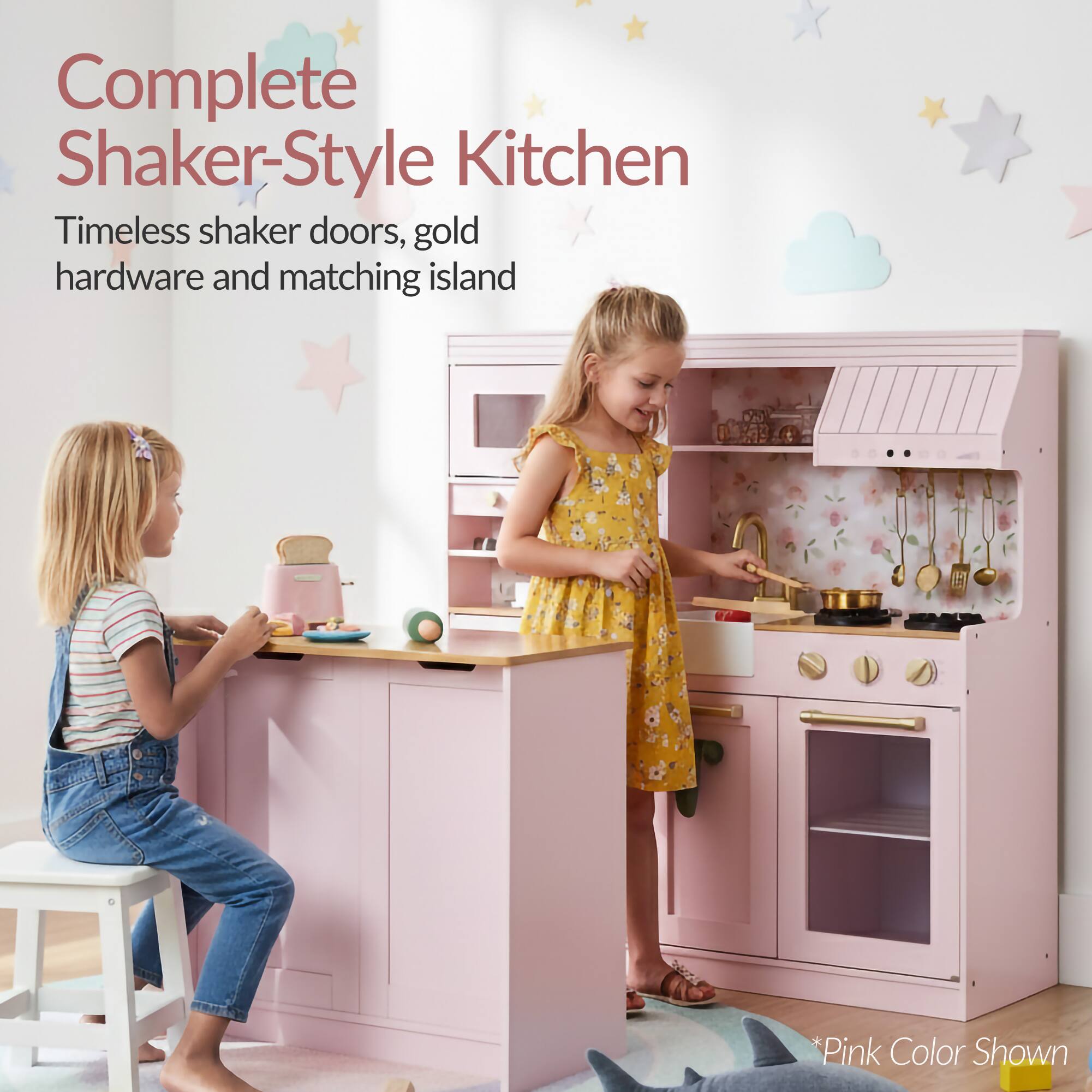 Complete Shaker-Style Kitchen  
Timeless shaker doors, gold hardware and matching island  
*Pink Color Shown