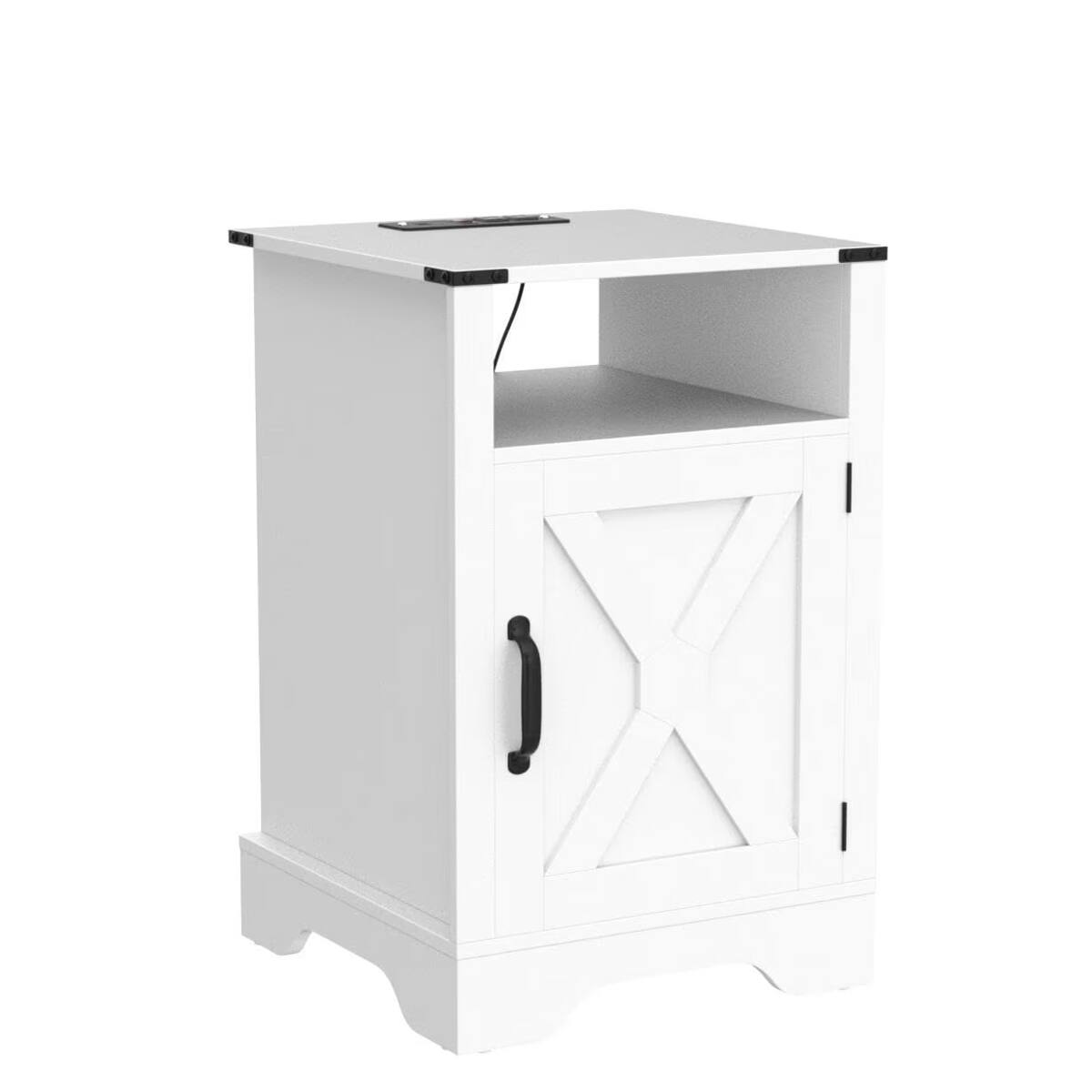 Alt View 5. Loheer - Loheer White Farmhouse Nightstand with Charging Station, Wooden Bedside Table, 16-Inch Bedroom End Table - White.