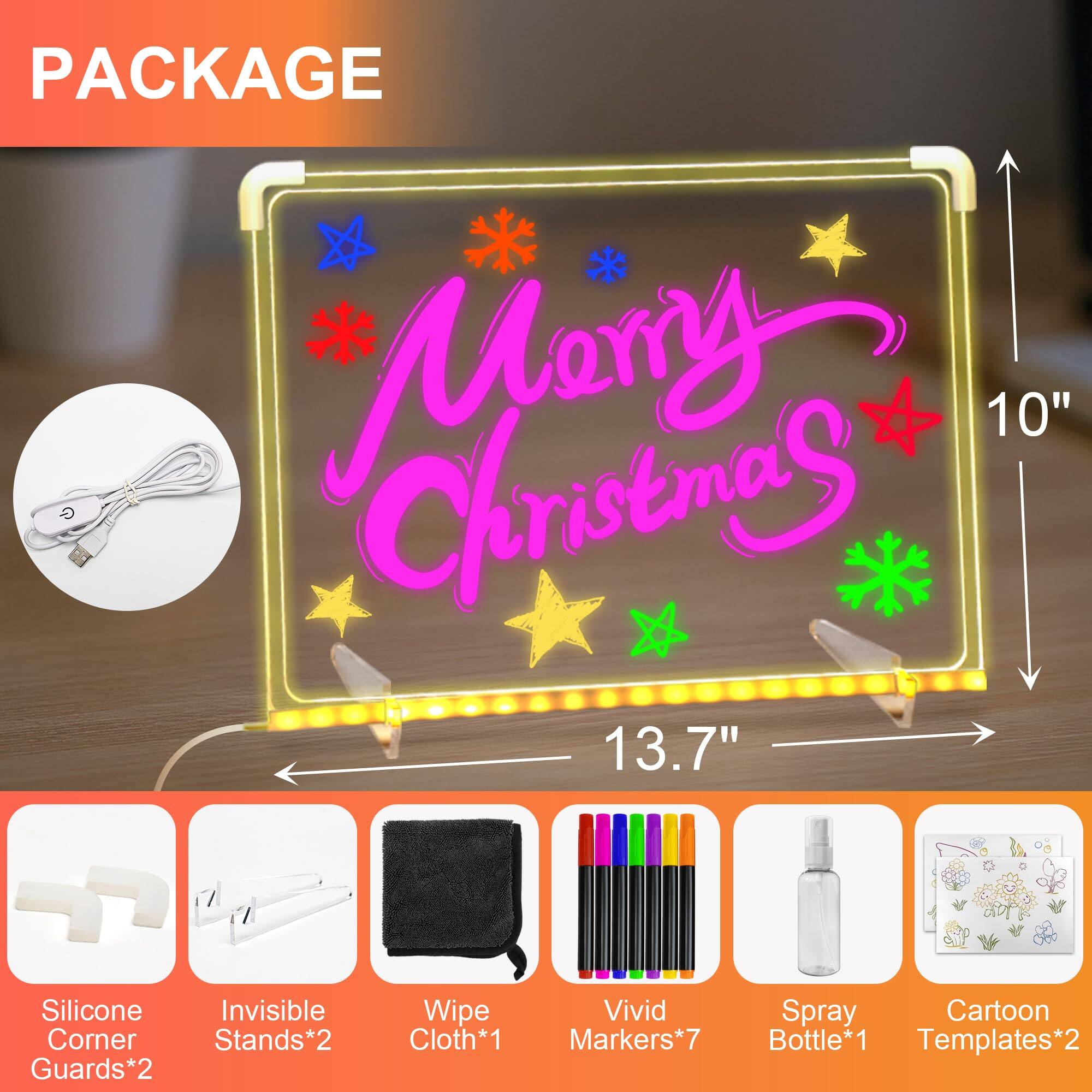 PACKAGE G

- 10" x 13.7" Silicone Invisible Corner Stands*2
- Guards*2
- Wipe Cloth*1
- Vivid Markers*7
- Spray Cartoon Bottle*1
- Templates*2