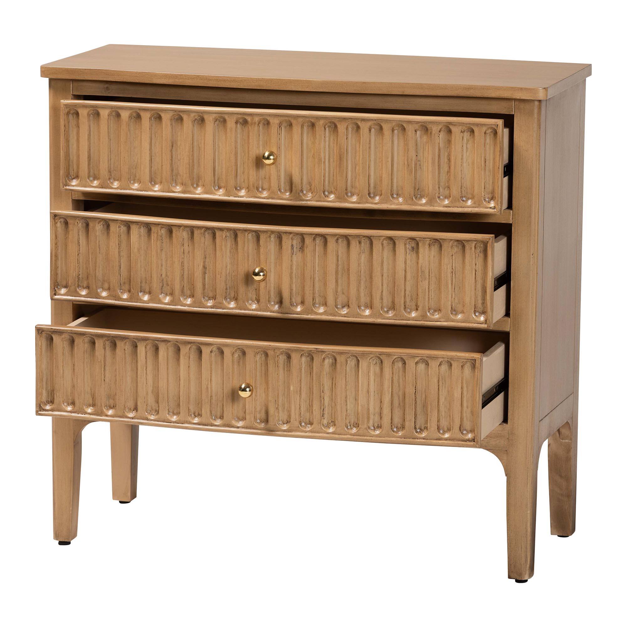 Angle. bali & pari - bali & pari Lavi Fluted Wood Chest - 3-Drawer Storage Chest with Textured Drawer Fronts and Round Knobs for Bedroom - Antique Beige.