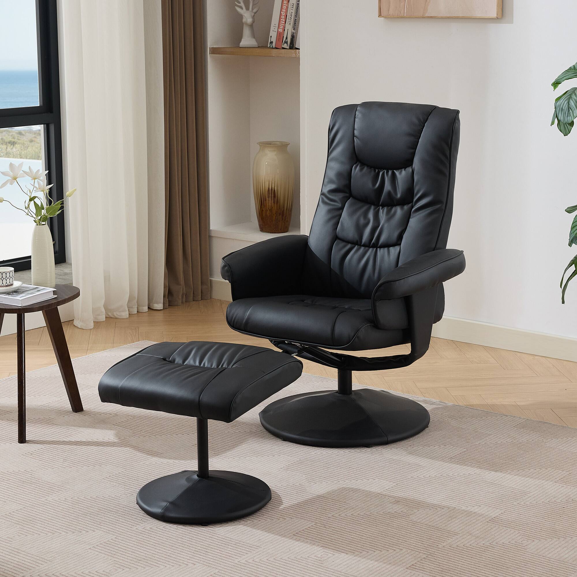 Front. TinyHomie - Black 360 Swivel Recliner Chair with Ottoman 5 Point Massage Heated Seat - Black.