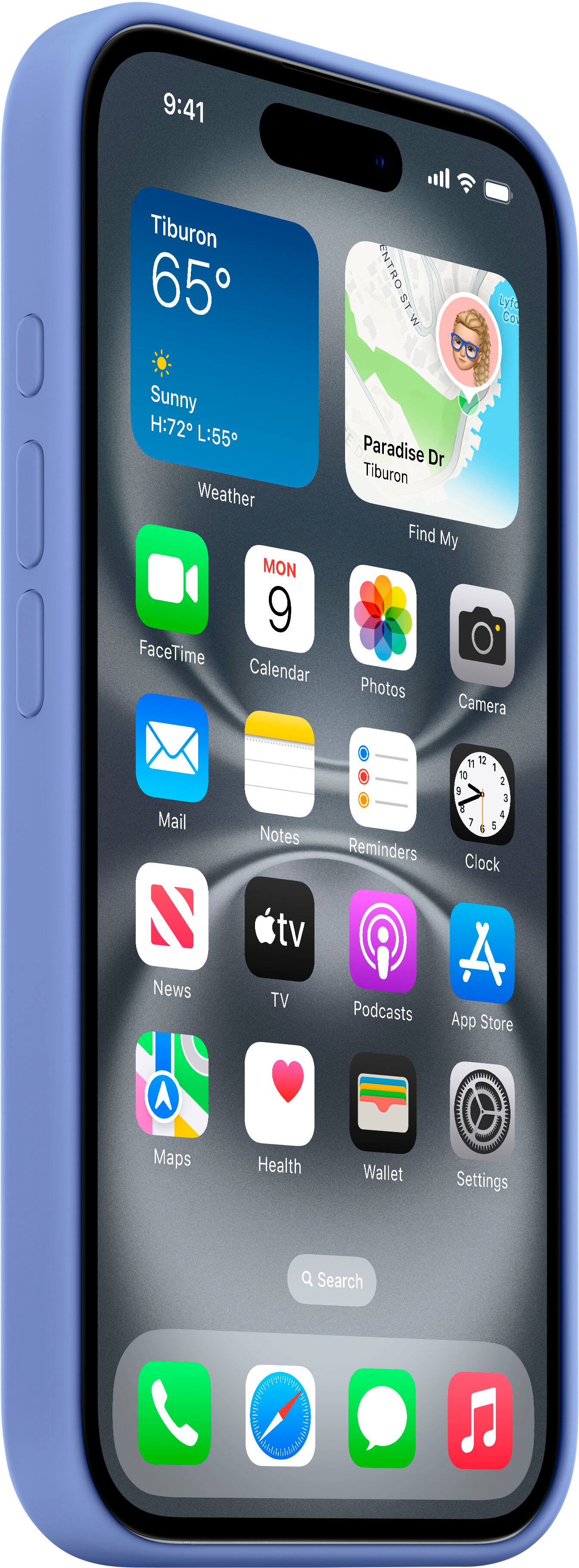 The image shows a smartphone with a blue case, displaying the home screen. The time on the screen is 9:41. The weather is sunny, with a temperature of 72 degrees Fahrenheit. The day is Monday, and the location is Tiburon. The home screen features various apps, including FaceTime, Calendar, Entro, STW, Lyle Co, Paradise Dr, Find My, Photos, Camera, Mail, News, Notes, TV, and many others. The phone also has a clock app and a reminders app.