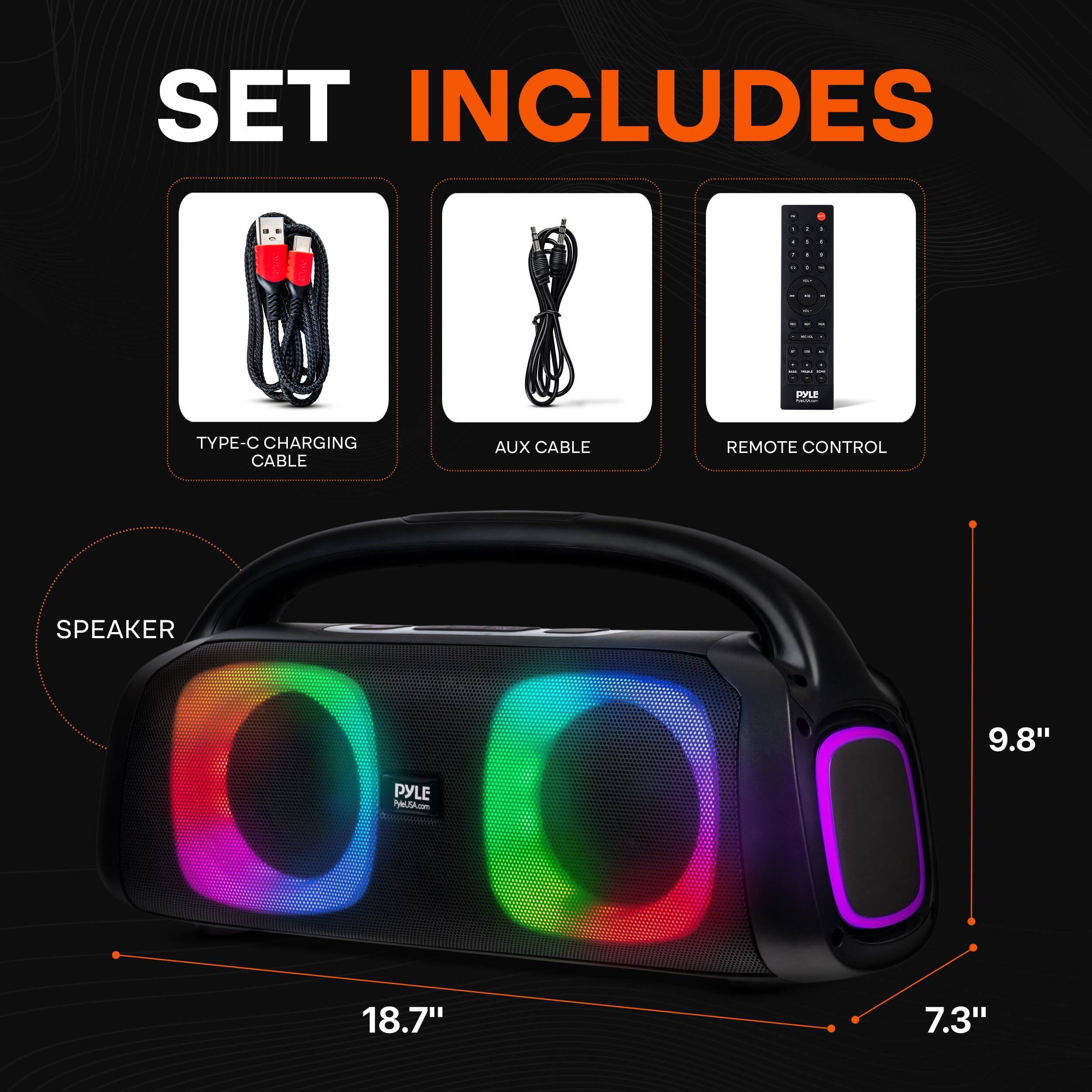 SET INCLUDES:
- TYPE-C CHARGING CABLE
- AUX CABLE
- REMOTE CONTROL
- SPEAKER
- 9.8"
- 18.7"
- 7.3"