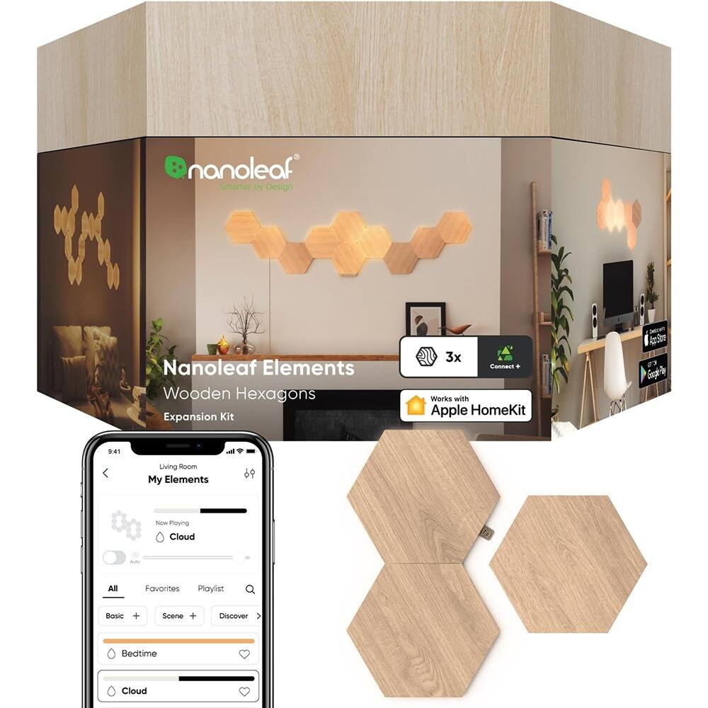 Nanoleaf Elements Wooden Hexagons Expansion Kit  
3x Connect + Works with Apple HomeKit  

Living Room  
My Elements  

Now Playing  
Cloud  

All  
Favorites  
Playlist  

Basic +  
Scene +  
Discover  

Bedtime  
Cloud  

Works with  
Apple HomeKit  
Google Assistant