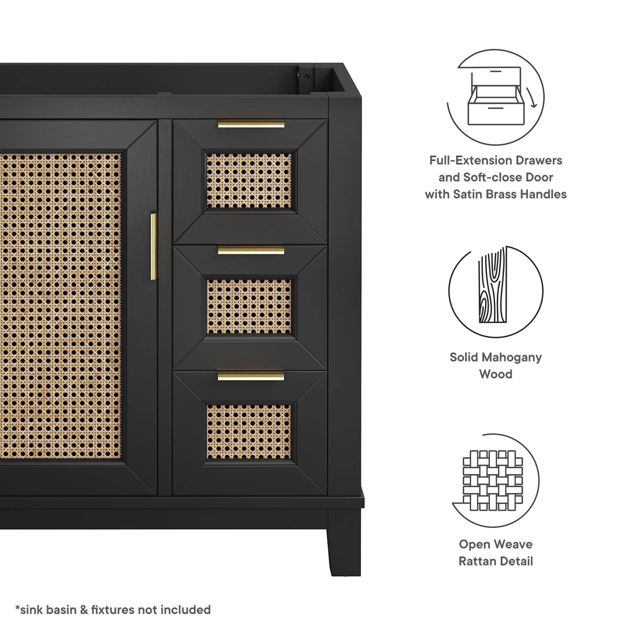 - Full-Extension Drawers and Soft-close Door with Satin Brass Handles
- Solid Mahogany Wood
- Open Weave Rattan Detail
- *sink basin & fixtures not included