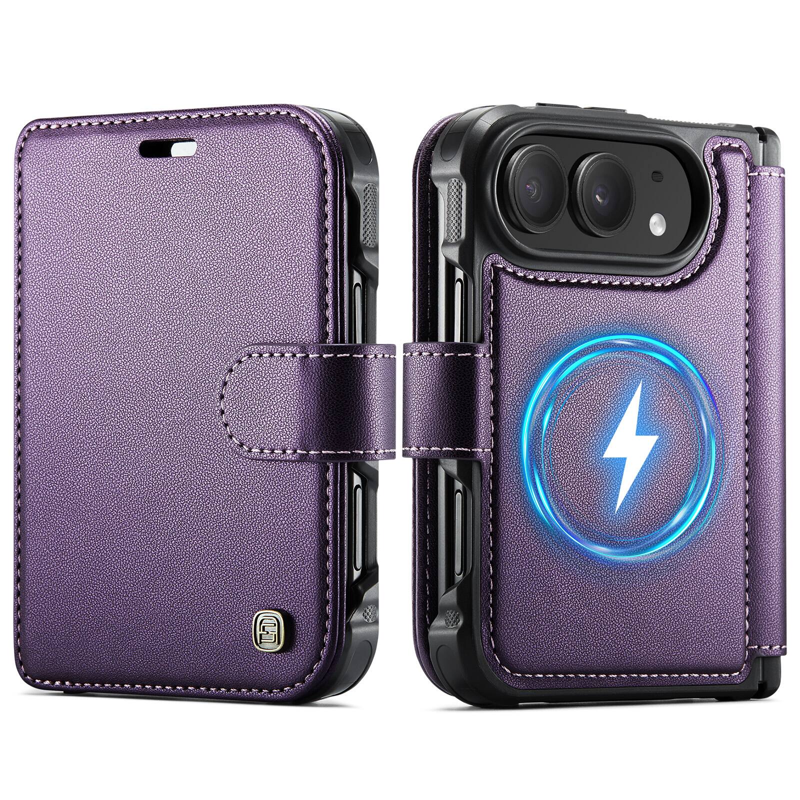 Angle. UUCOVER - Magnetic Card Wallet RFID Blocking Case for Apple iPhone Duo Shockproof Leather Compatible with MagSafe Hinge Cover - Purple.
