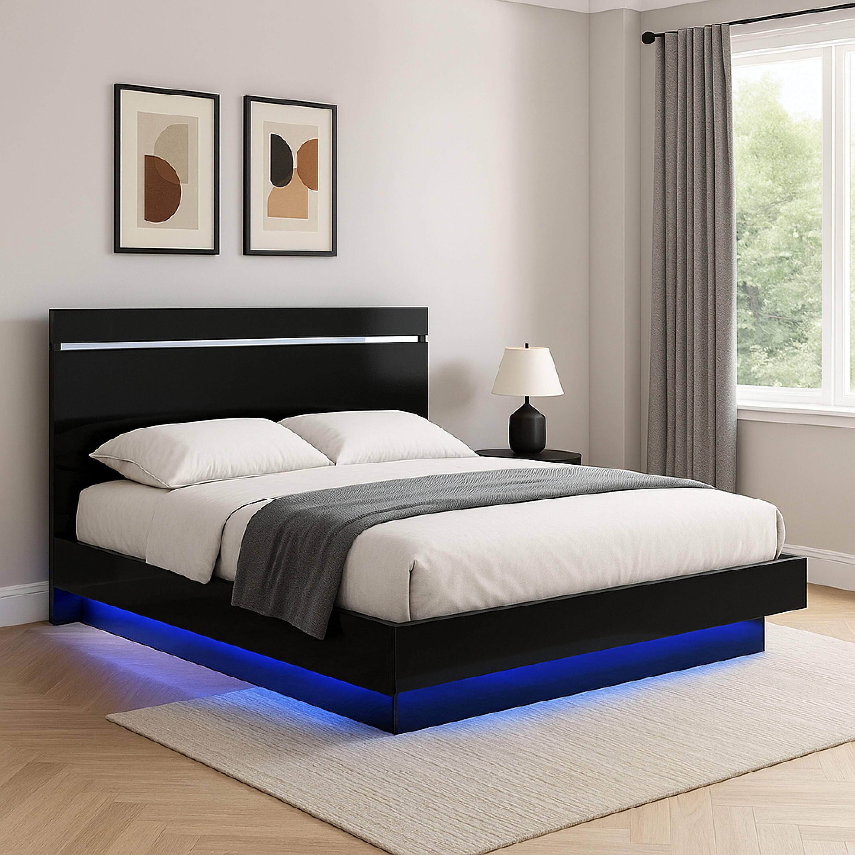 Alt View 5. Manhattan Lane - Pero Queen Size Bed, Chrome Accent Headboard, Black LED Footboard - Black, Chrome.