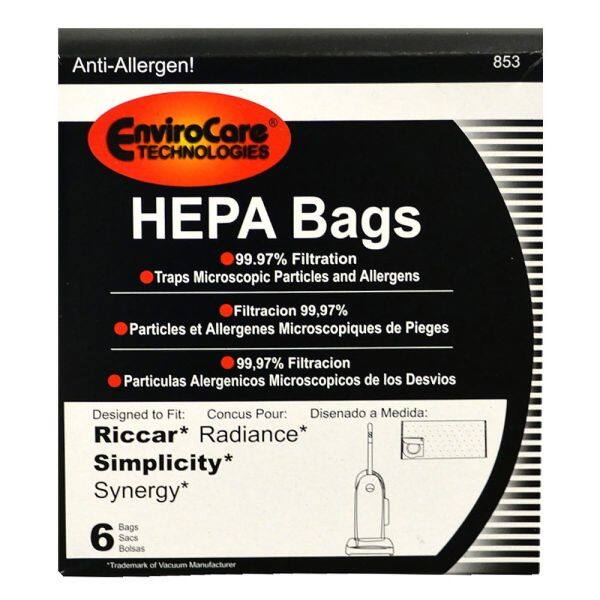 Anti-Allergen!  
853 EnviroCore TECHNOLOGIES HEPA Bags  
99.97% Filtration Traps Microscopic Particles and Allergens  
Filtracion 99,97% Particles et Allergenes Microscopiques de Pieges  
99,97% Filtracion Particulas Alergenicos Microscopicos de los Desvios  

Designed to Fit:  
Concus Pour:  
Disenado a Medida:  
Riccar*  
Radiance*  
Simplicity*  
Synergy*  

Bags 6 Sacs Bolsas  
"Trademark of Vacuum Manufacturer"