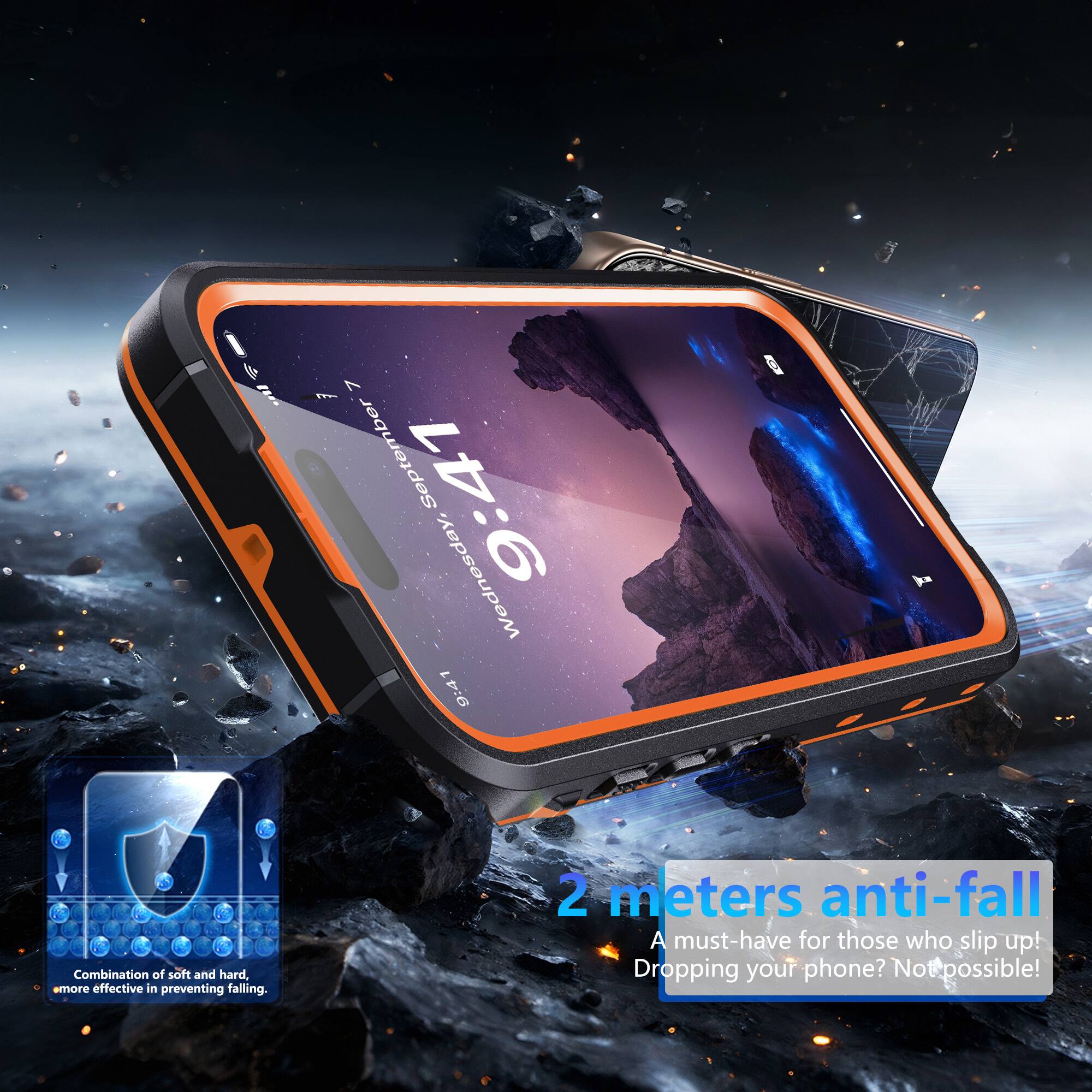 & wl 7 September 9:41 Wednesday, E 9:41 8 Combination of soft and hard, more effective in preventing falling. 2 meters anti-fall A must-have for those who slip up! Dropping your phone? Not possible!