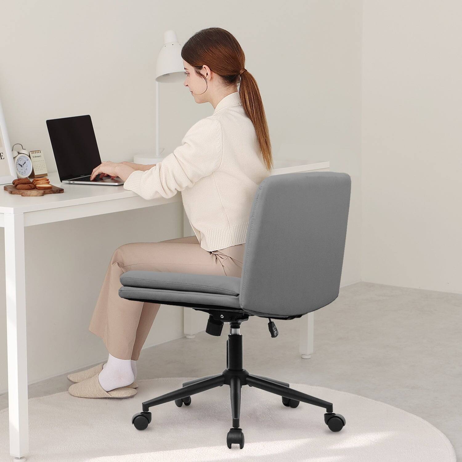 Alt View 1. Neo Chair - Criss Cross Chair with Wheels, Armless Cross-Legged Office Desk Chair, PU Leather Rolling Vanity Chair for Home Office - Leather-Gray.