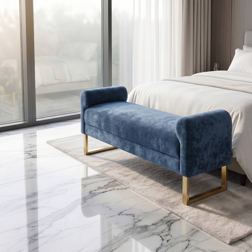 Left. Ropilly - Ropilly Blue Chenille End of Bed Bench Upholstered Bedroom Ottoman Bench with Gold Legs and Arms for Entryway - Blue.