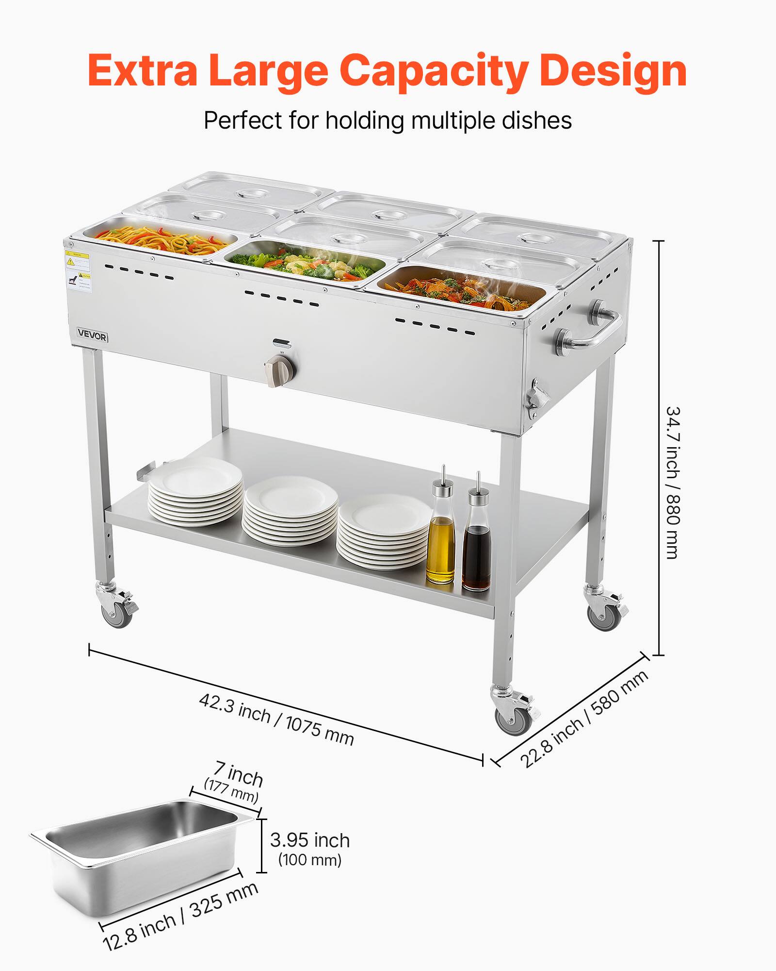 Extra Large Capacity Design  
Perfect for holding multiple dishes  

- 34.7 inch / 880 mm  
- 42.3 inch / 1075 mm  
- 22.8 inch / 580 mm  
- 12.8 inch / 325 mm  
- 7 inch / 177 mm  
- 3.95 inch / 100 mm