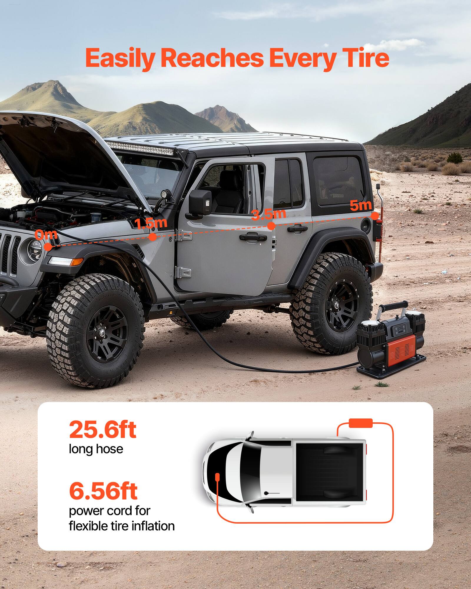 Easily Reaches Every Tire

1.5m 3.5m 5m

25.6ft long hose

6.56ft power cord for flexible tire inflation