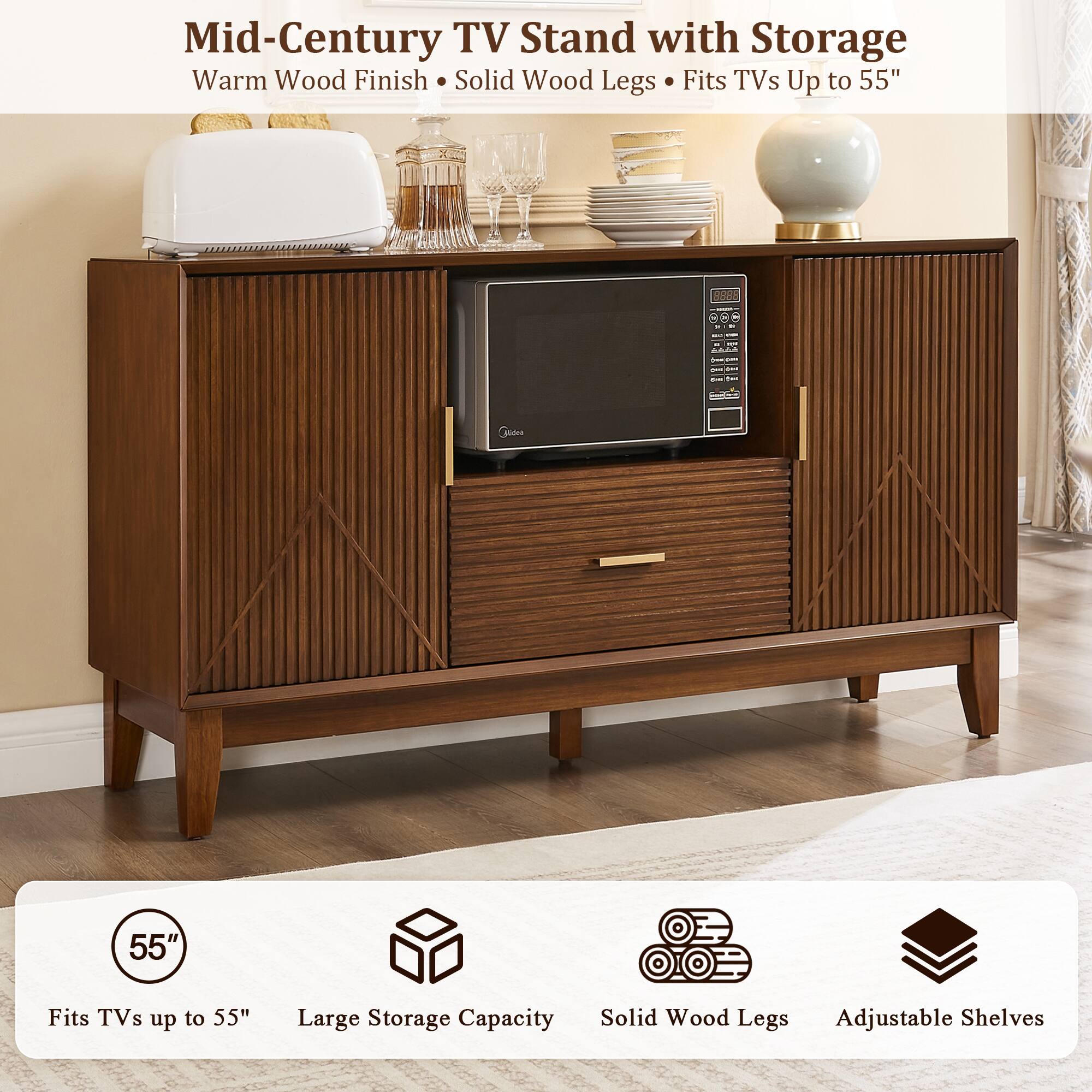 Mid-Century TV Stand with Storage  
Warm Wood Finish • Solid Wood Legs • Fits TVs Up to 55"  

- Fits TVs up to 55"  
- Large Storage Capacity  
- Solid Wood Legs  
- Adjustable Shelves
