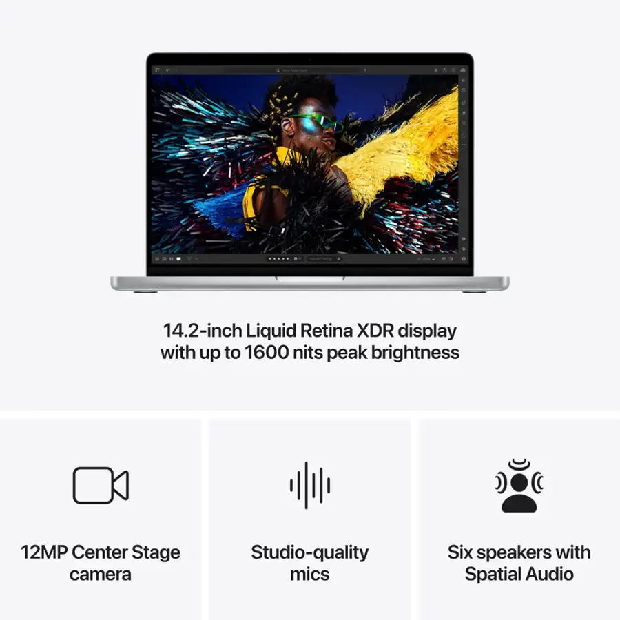 The image features a laptop with a 14.2-inch Liquid Retina XDR display, which has up to 1600 nits peak brightness. The laptop also has a 12MP Center Stage camera and studio-quality mics. Additionally, it has six speakers with Spatial Audio, providing an immersive audio experience.