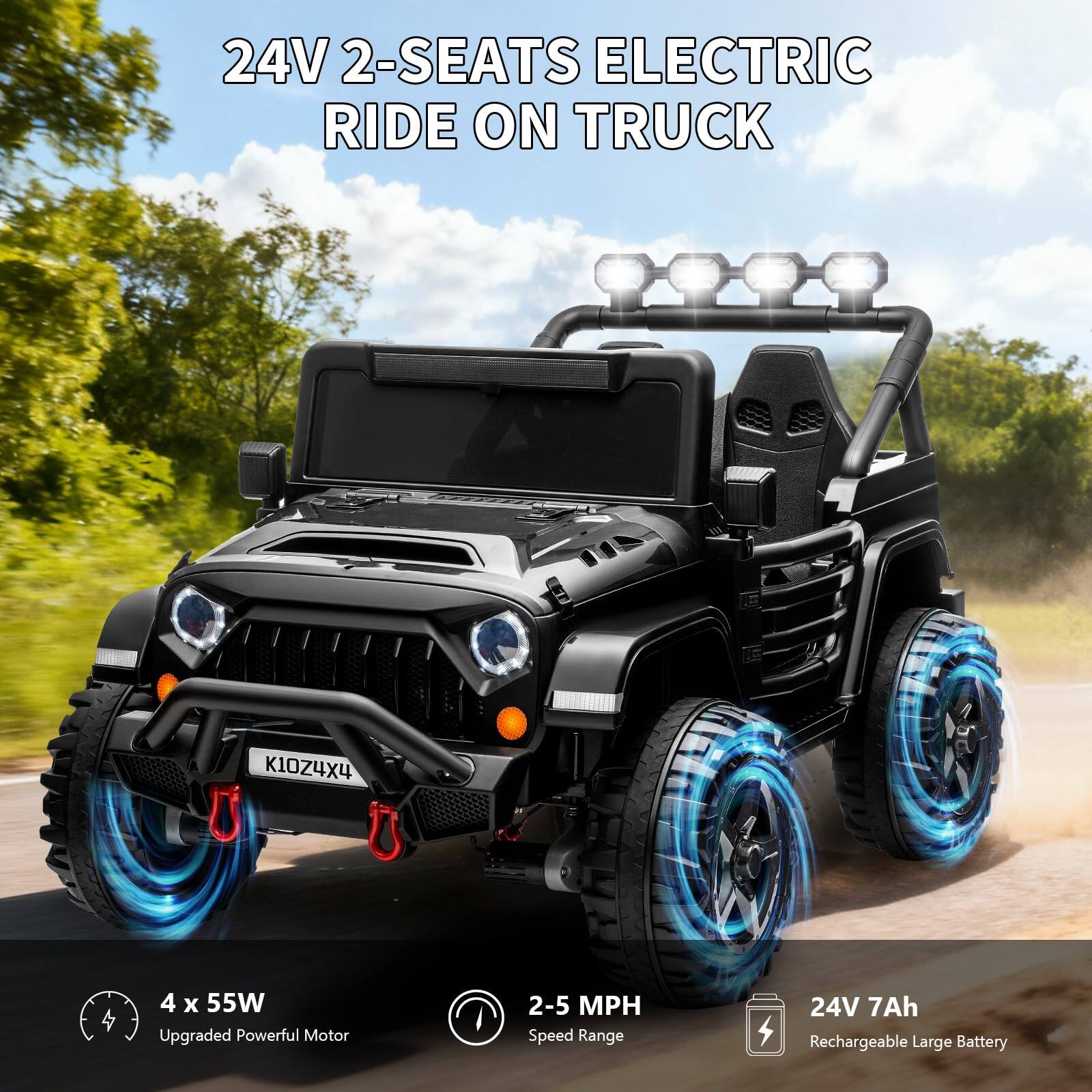 24V 2-SEATS ELECTRIC RIDE ON TRUCK

K10Z4X4

4 x 55W Upgraded Powerful Motor

2-5 MPH Speed Range

24V 7Ah Rechargeable Large Battery