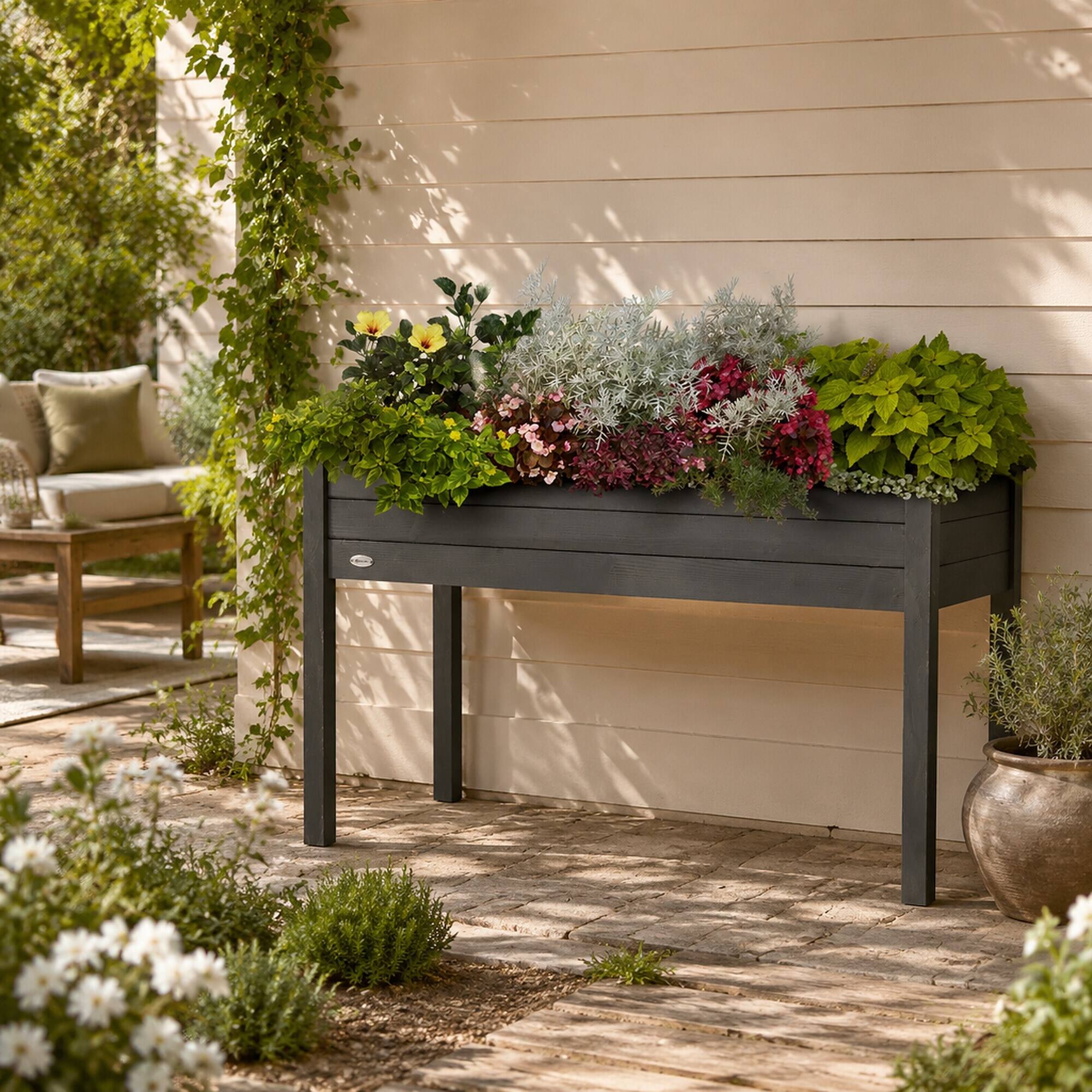 Left. RYHNUYNE - Outsunny Raised Garden Bed with Legs, 48" x 22" x 30" Elevated Wooden Planter Box, Self-Draining with Bed Liner - Gray.