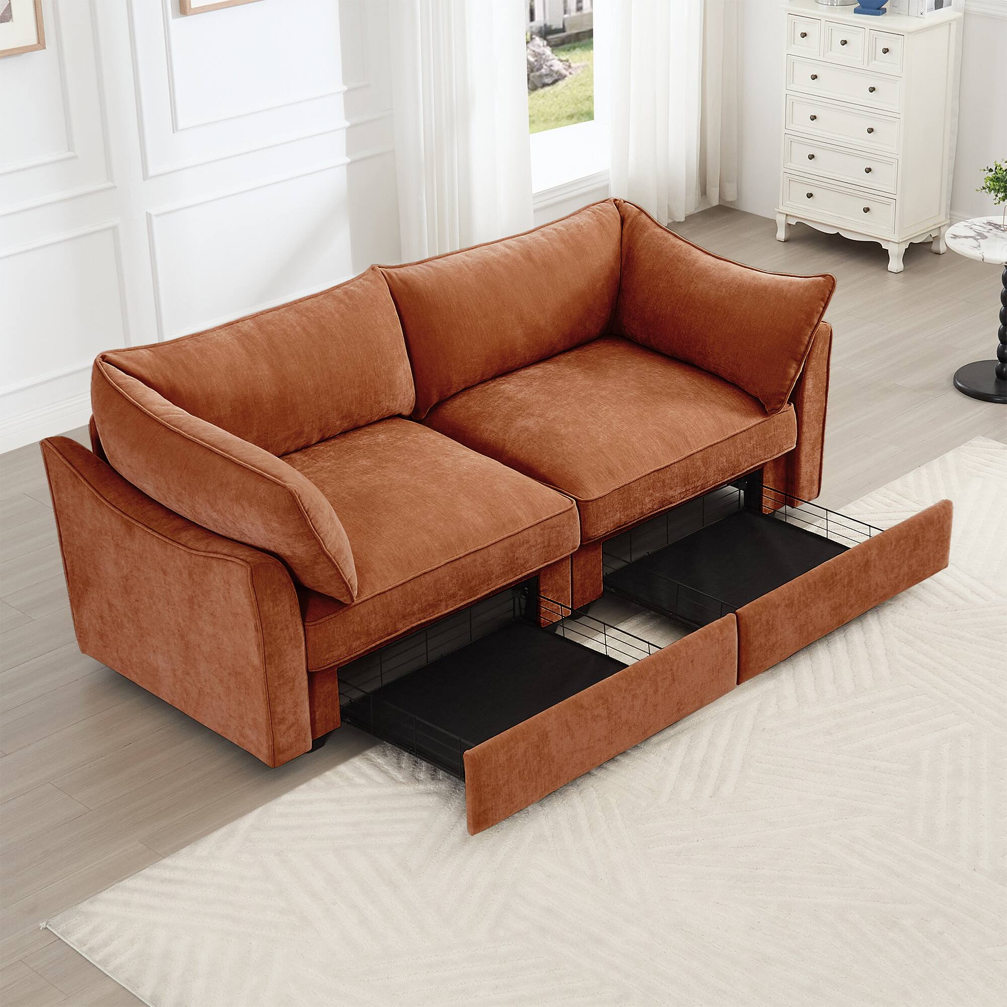 Left. Aukfa - 2-Seater Sofa with Pull-Out Storage Drawers - Crescent-Shaped Armrests, Chenille Fabric, Wraparound Cushions - Orange.