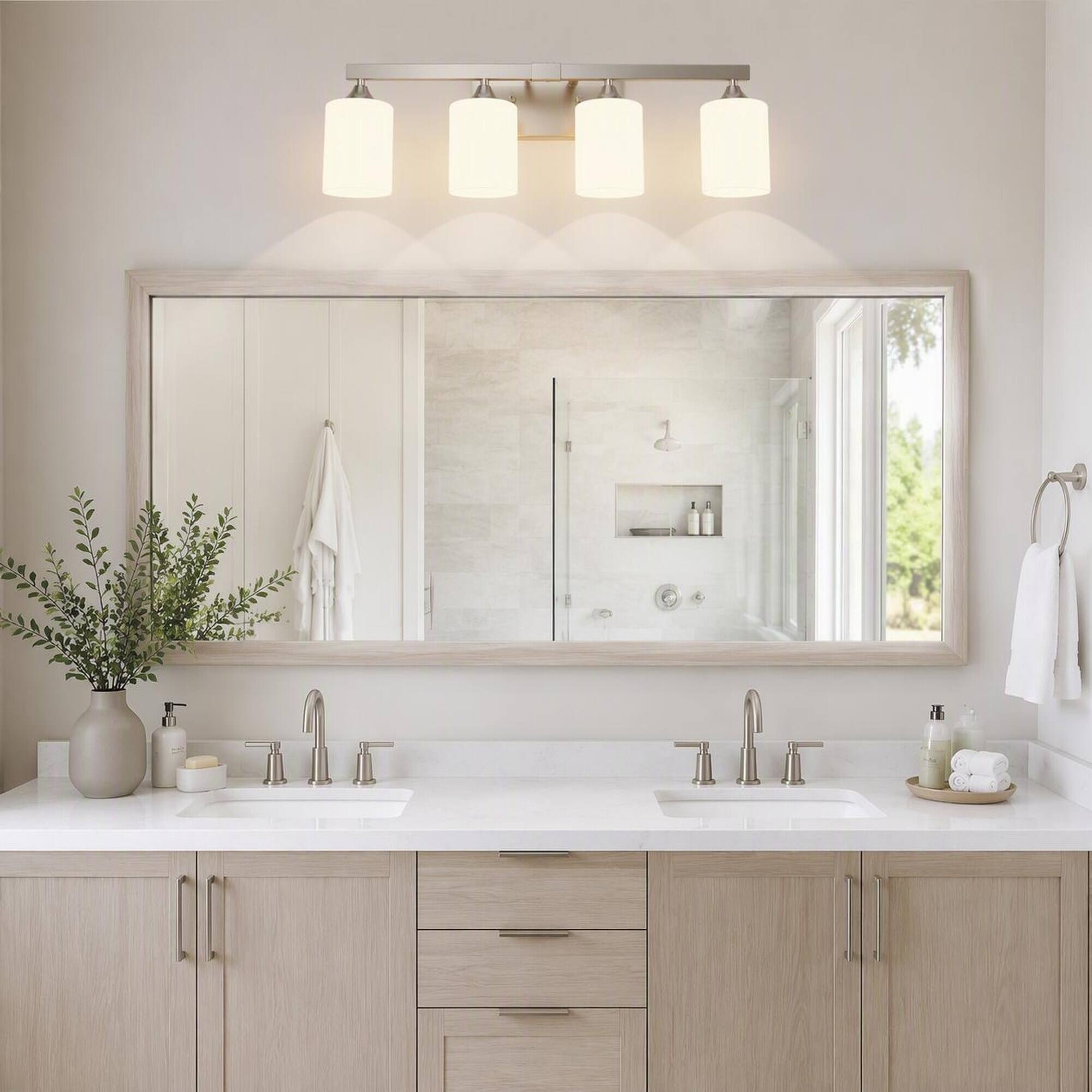 Left. RYHNUYNE - 4-Light Brushed Nickel Vanity Light Bar with Frosted Glass Shades, Moisture-Resistant Metal Fixture for Bathroom Mirror.