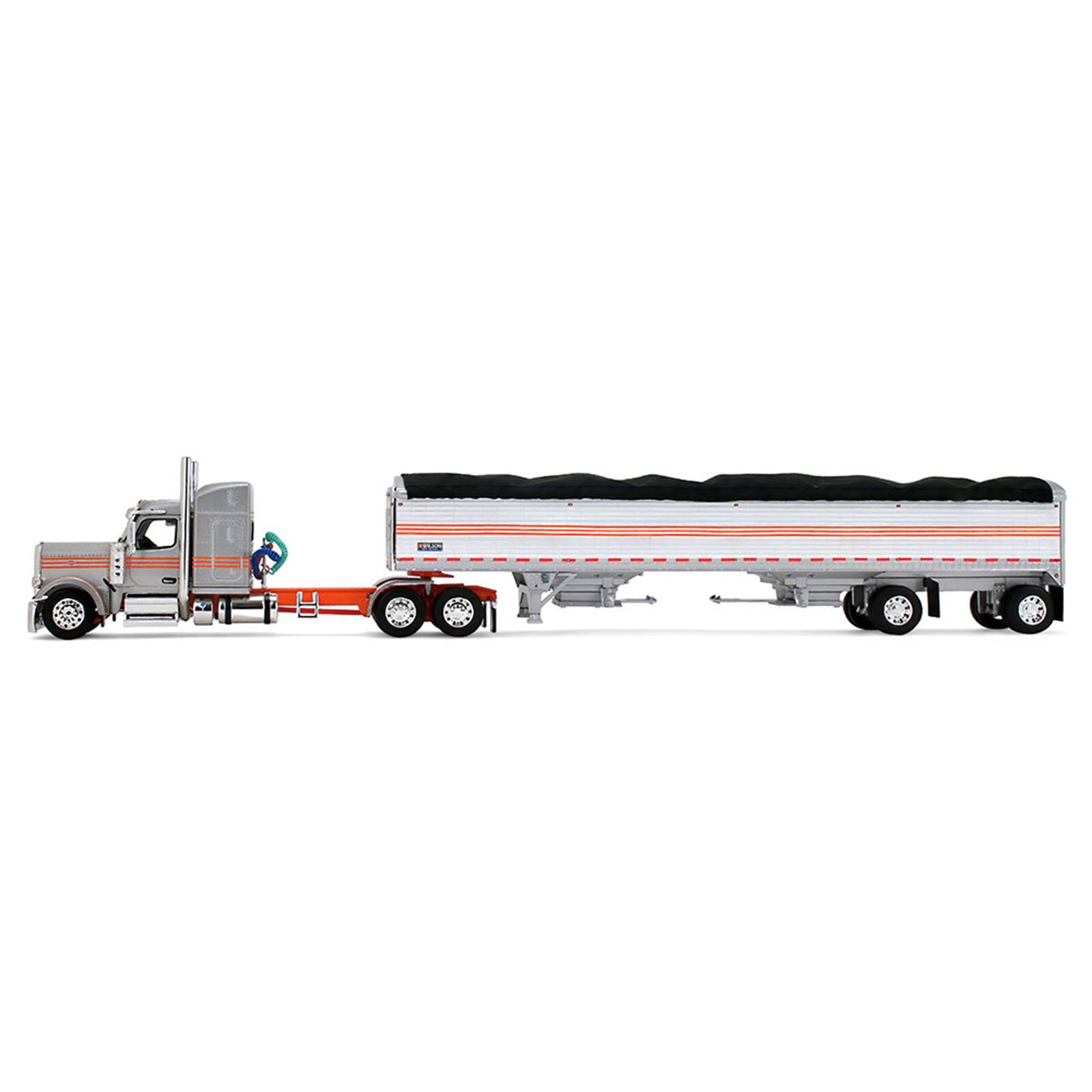 Alt View 2. First Gear - Peterbilt 589 with 58" Mid-Roof Sleeper and 50' Wilson Trailer Silver Metallic with Orange 1/64 Model by DCP/First Gear.