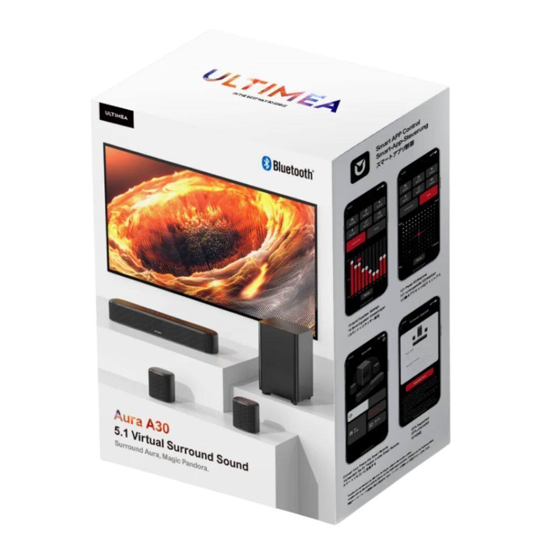 ULTIMEA  
A30  
5.1 Virtual Surround Sound  
Surround Aura, Magic Pandora.  

Bluetooth  

Smart APP Control  
Smart-APP-Steuering  

Aura A30  
5.1 Virtual Surround Sound  
Surround Aura, Magic Pandora.