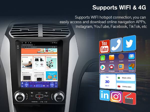 Supports WIFI & 4G  
Supports WIFI hotspot connection, you can easily access and download online navigation APPs, Instagram, YouTube, Facebook, TikTok, etc.