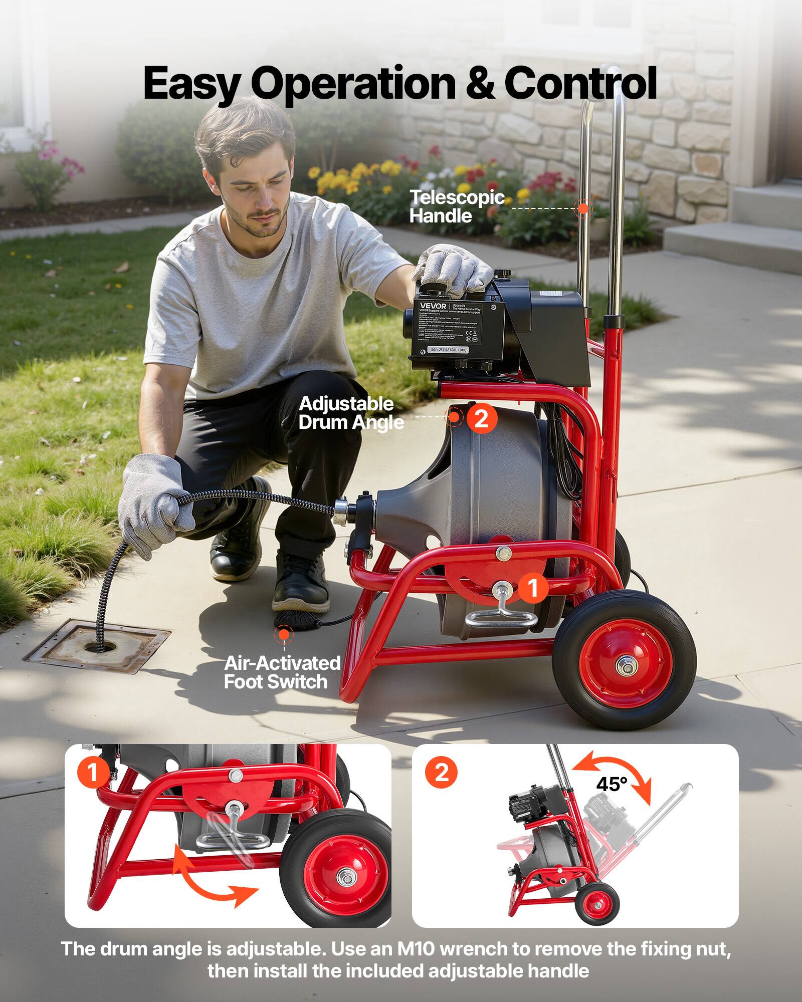 Easy Operation & Control

Telescopic Handle

Adjustable Drum Angle

Air-Activated Foot Switch

The drum angle is adjustable. Use an M10 wrench to remove the fixing nut, then install the included adjustable handle.