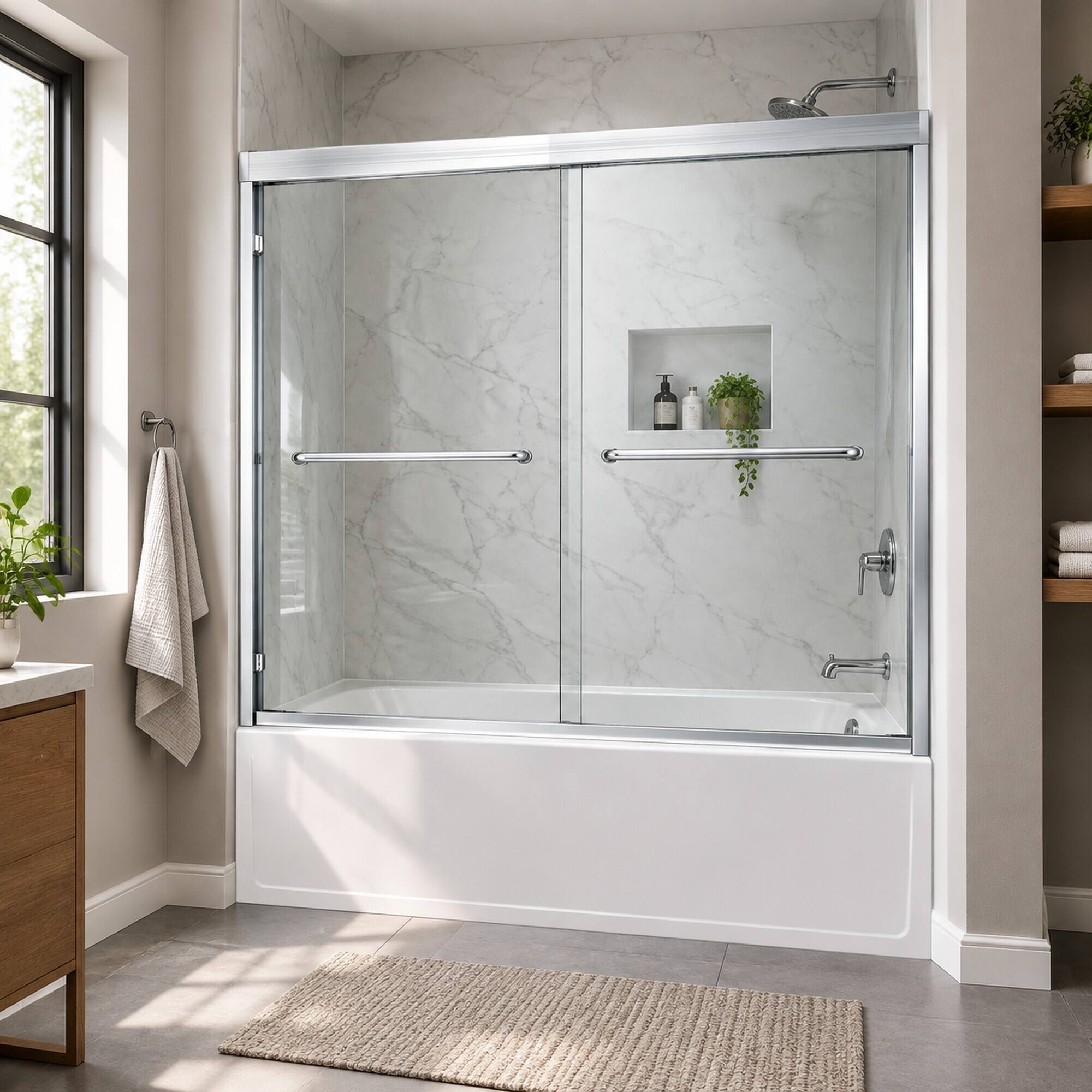 Angle. RYHNUYNE - 56-60" W X 60" H Double Sliding Tub Shower Door With 1/4" Tempered Clear Glass, Chrome Aluminum Frame - Chrome.