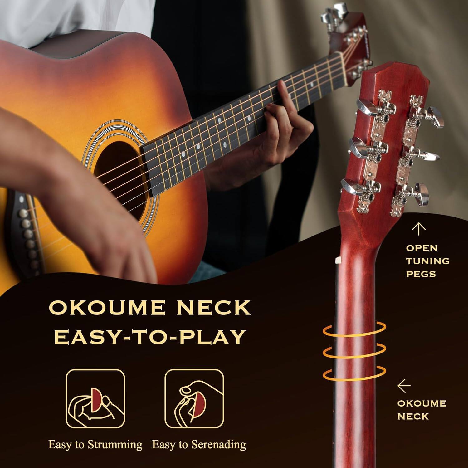 OKOUME NECK EASY-TO-PLAY

OPEN TUNING PEGS

Easy to Strumming

Easy to Serenading