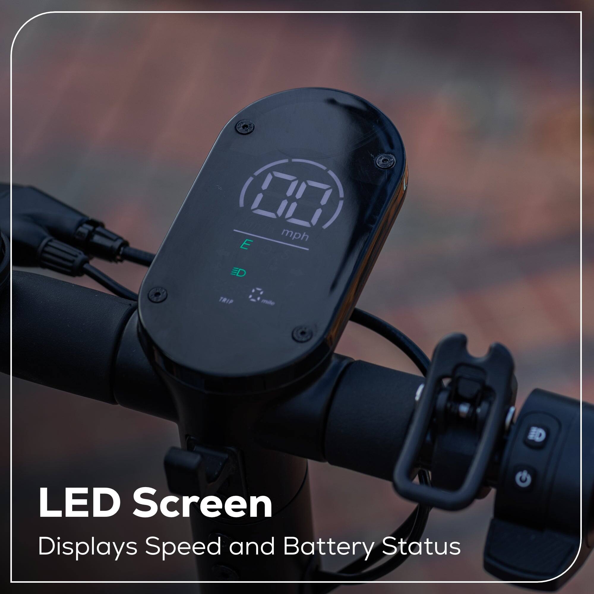 The text on the image reads: "LED Screen Displays Speed and Battery Status."