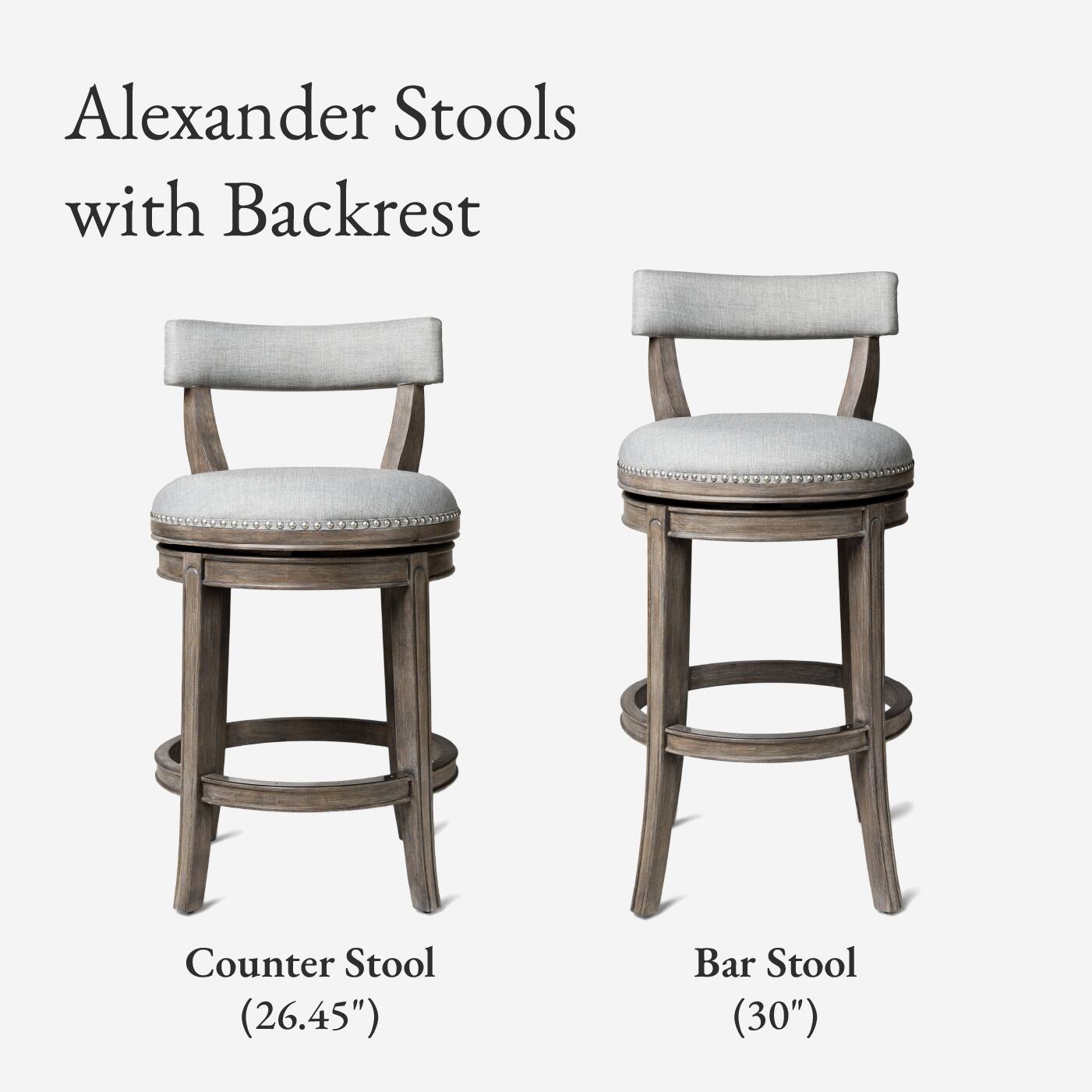 Alexander Stools with Backrest: Counter Stool (26.45"), Bar Stool (30")
