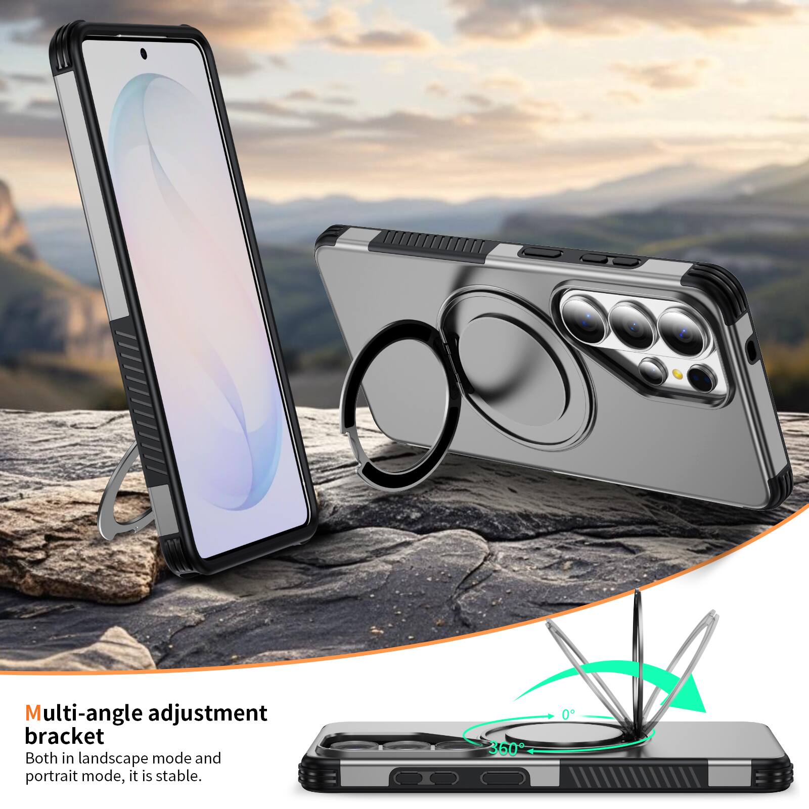 Multi-angle adjustment bracket  
Both in landscape mode and portrait mode, it is stable.  
360°