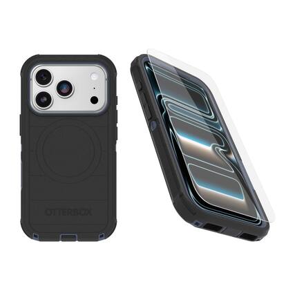 Front. OtterBox - OtterBox iPhone 17 Pro (Only) Bundle: Defender Series Case & Screen Protector - Case Only - Rugged - Snaps on MagSafe - Black Shadow (Black & Blue).