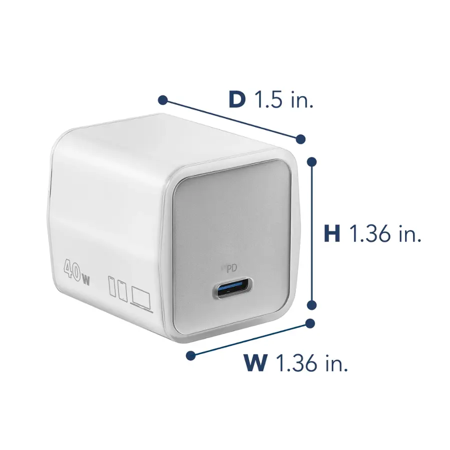 The image shows a white box with dimensions labeled on it. The box measures 1.5 inches in depth and 1.36 inches in width. The box is also 40 watts and has a PD plug.